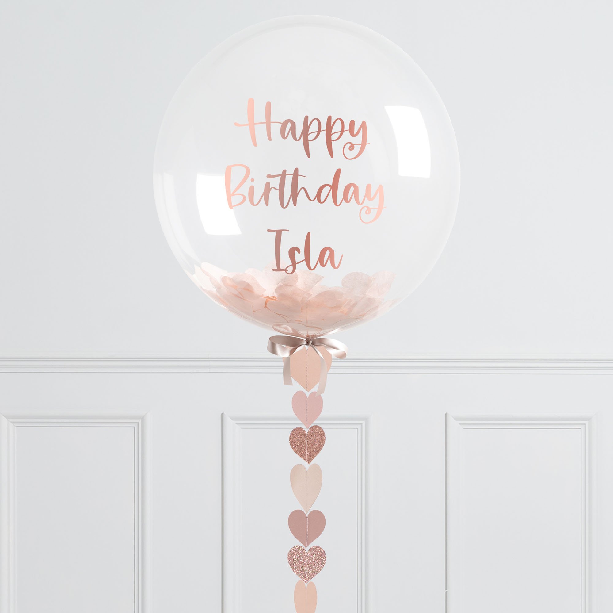 Personalised 20-Inch Rose Gold Heart Confetti Bubblegum Balloon - DELIVERED INFLATED!