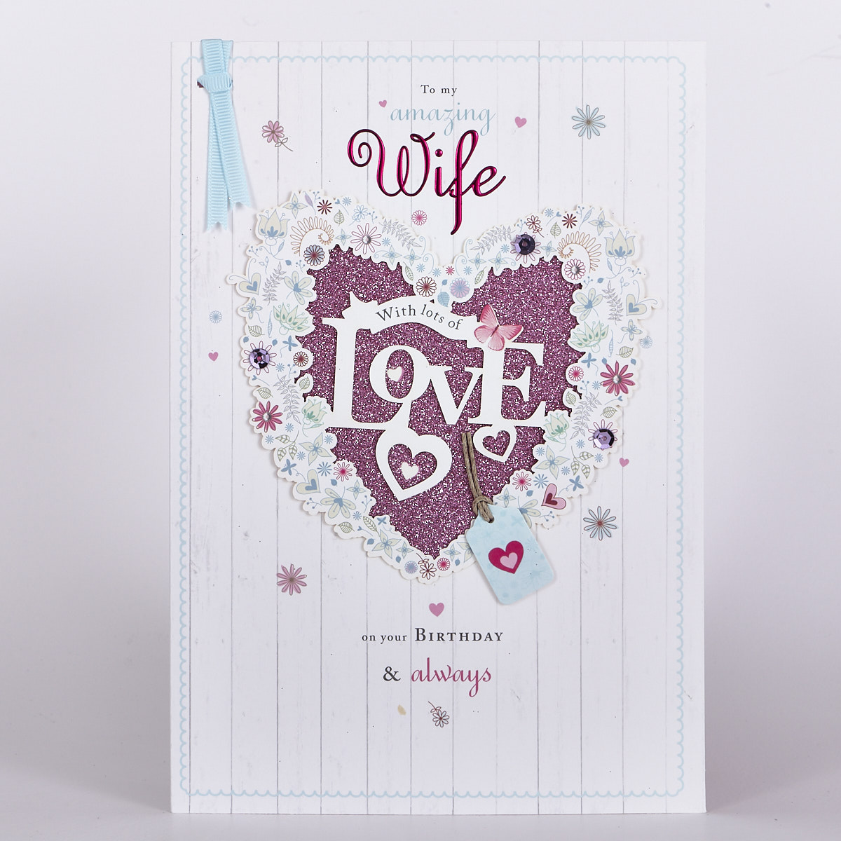 Signature Collection Birthday Card - Wife Pink Glittery Heart 