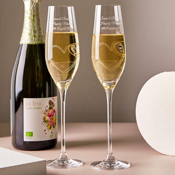 Engraved Set Of Two String of Love Champagne Flutes Embellished with Crystals