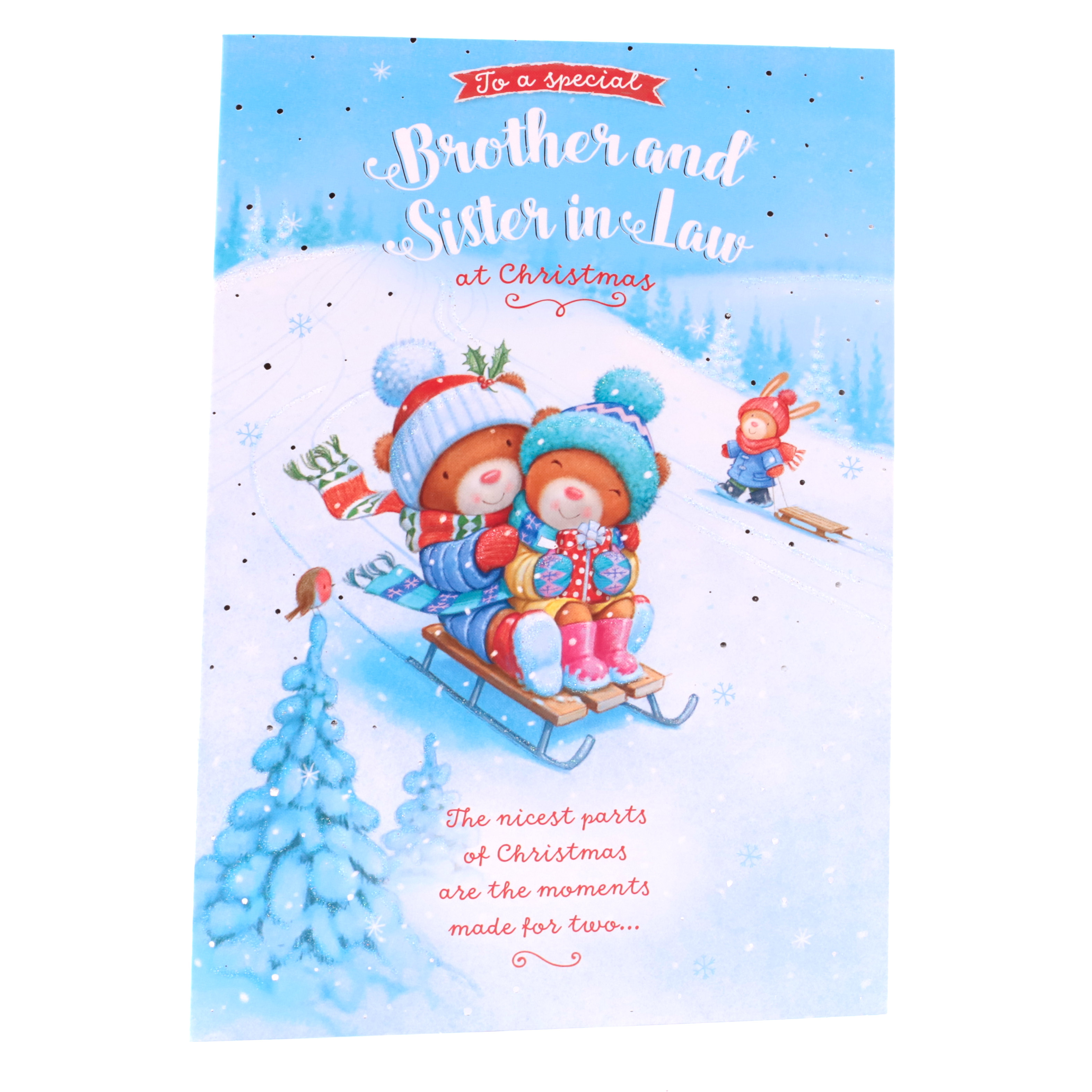 Christmas Card - Brother And Sister In Law, Cute Bears On A Sledge