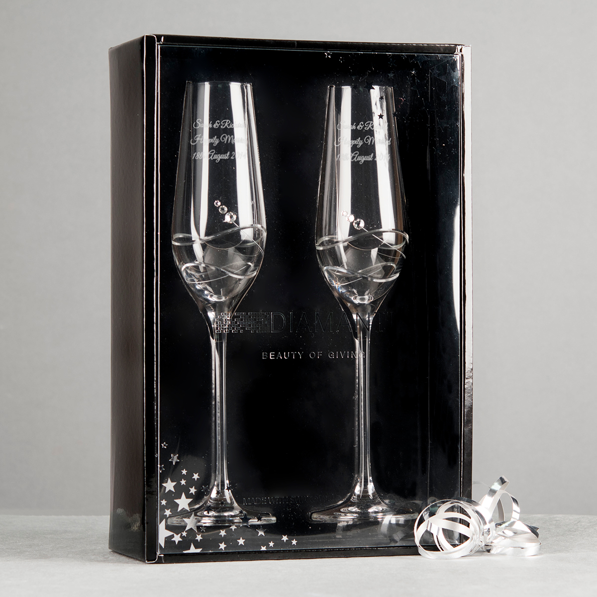 Engraved Set of 2 Crystal Champagne Flutes With Laurent Perrier Champagne - Wedding