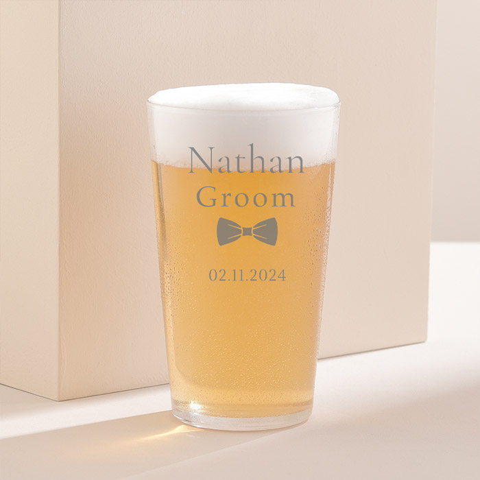 Personalised Engraved Pint Glass Wedding Bow Tie - Groom
