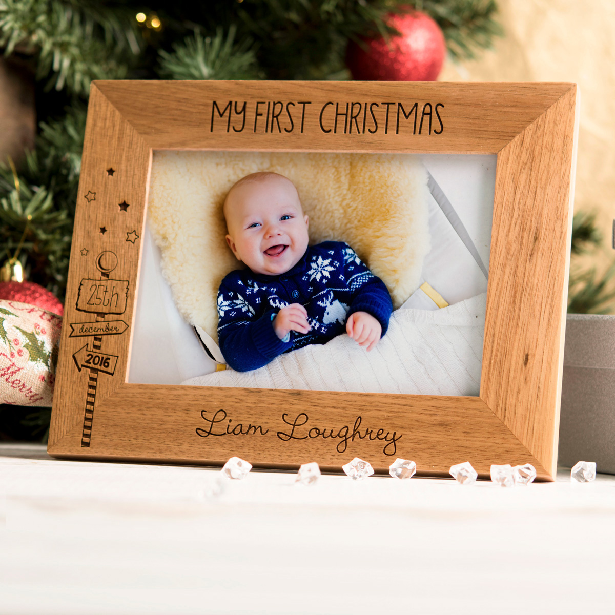 Personalised Engraved Wooden Photo Frame - First Christmas, Signpost