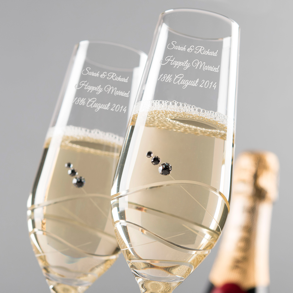 Engraved Set of 2 Crystal Champagne Flutes With Laurent Perrier Champagne - Wedding