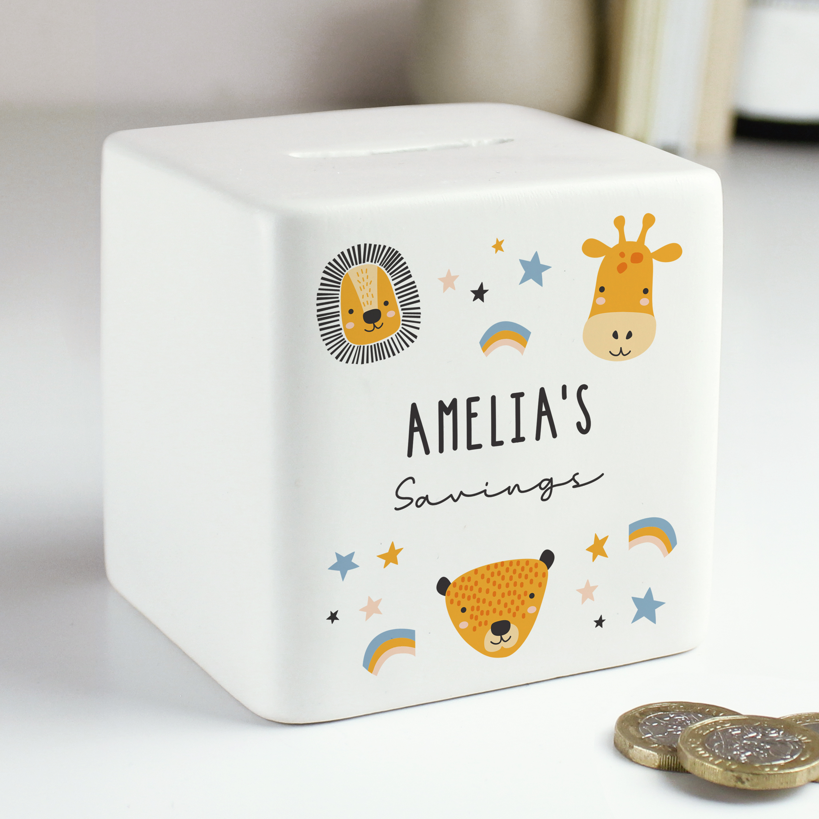 Image of Personalised Scandi Safari Animals Ceramic Square Money Box