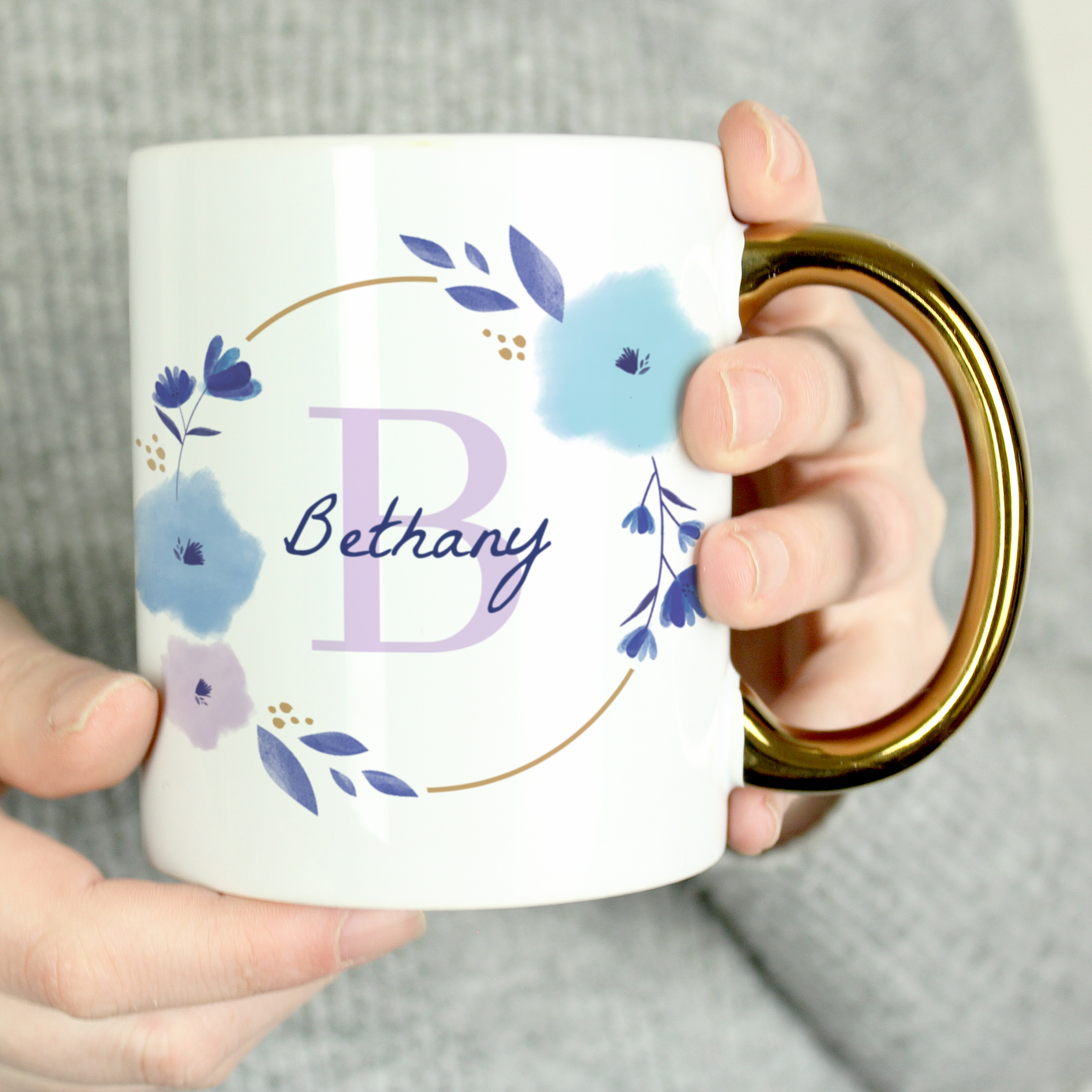 Personalised Floral Initial Gold Handled Mug