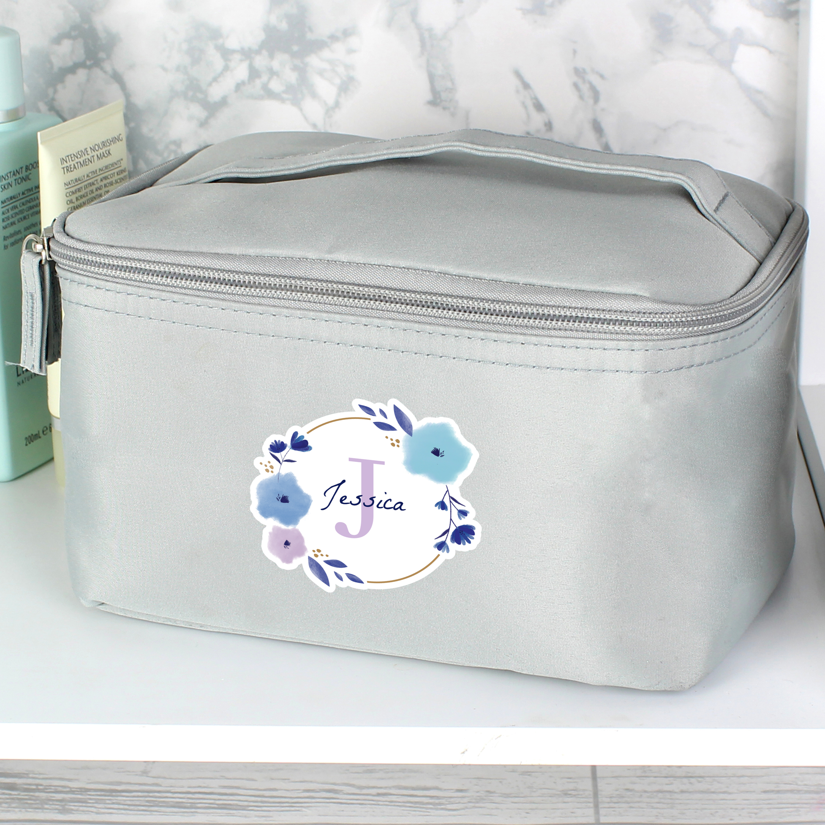 Personalised Floral Initial Grey Make Up Case