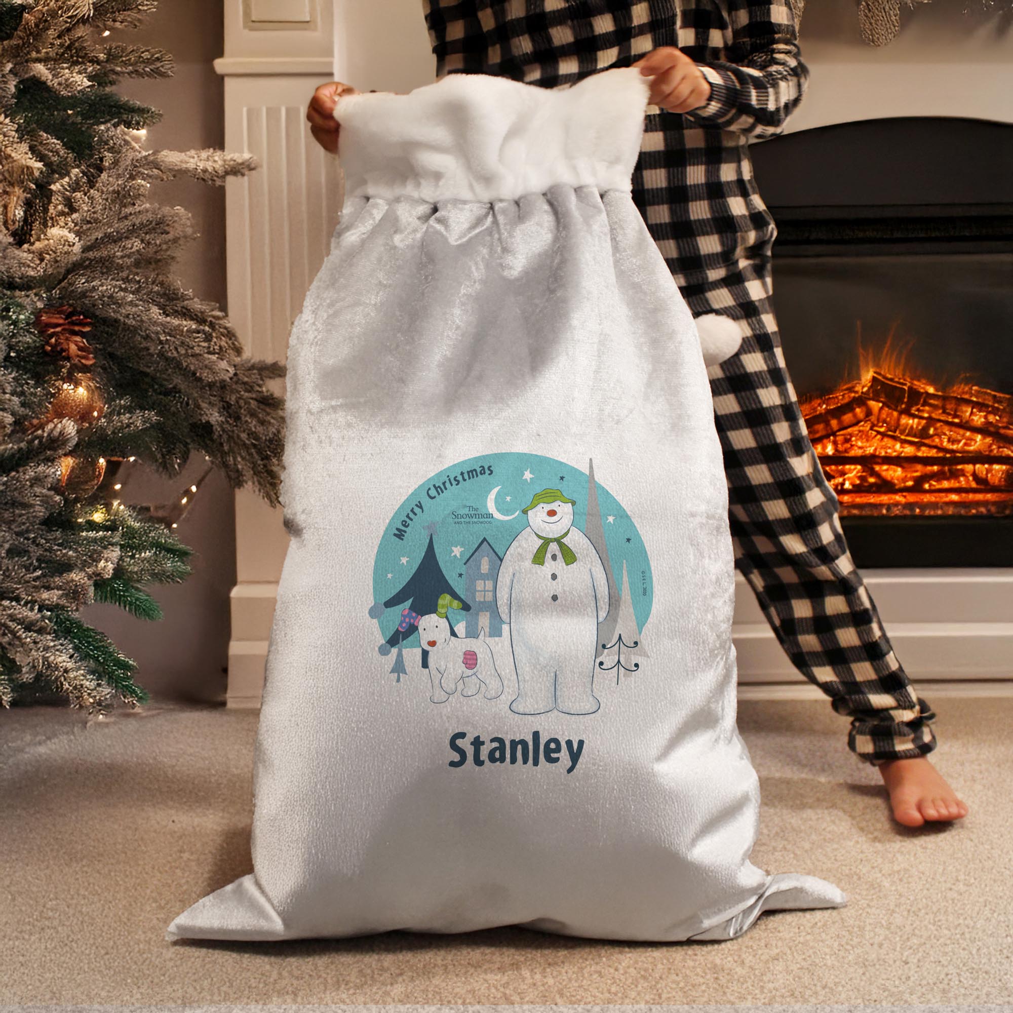 Personalised The Snowman & the Snowdog Luxury Silver Grey Pom Pom Sack