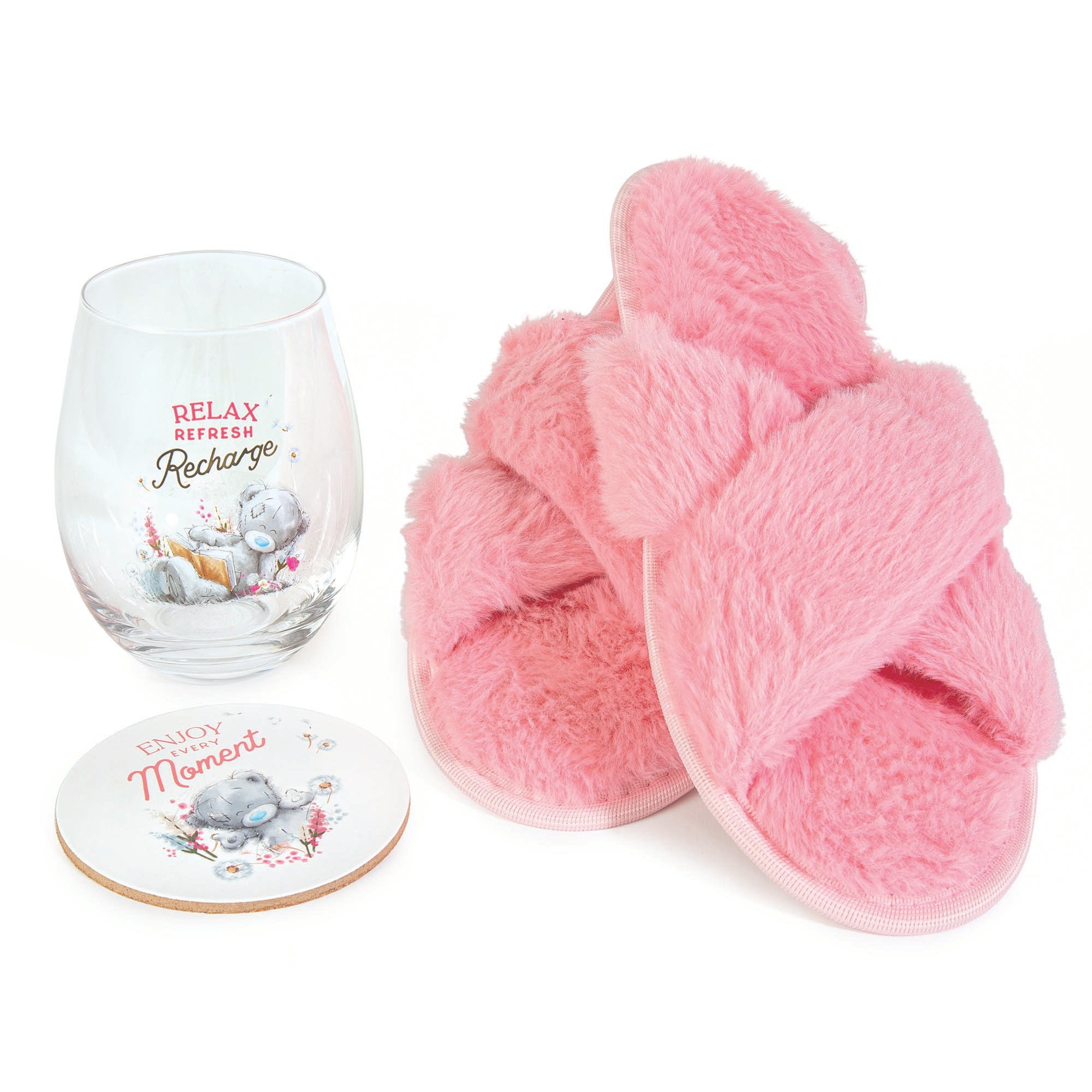 Tatty Teddy Slippers, Stemless Glass & Coaster Gift Set