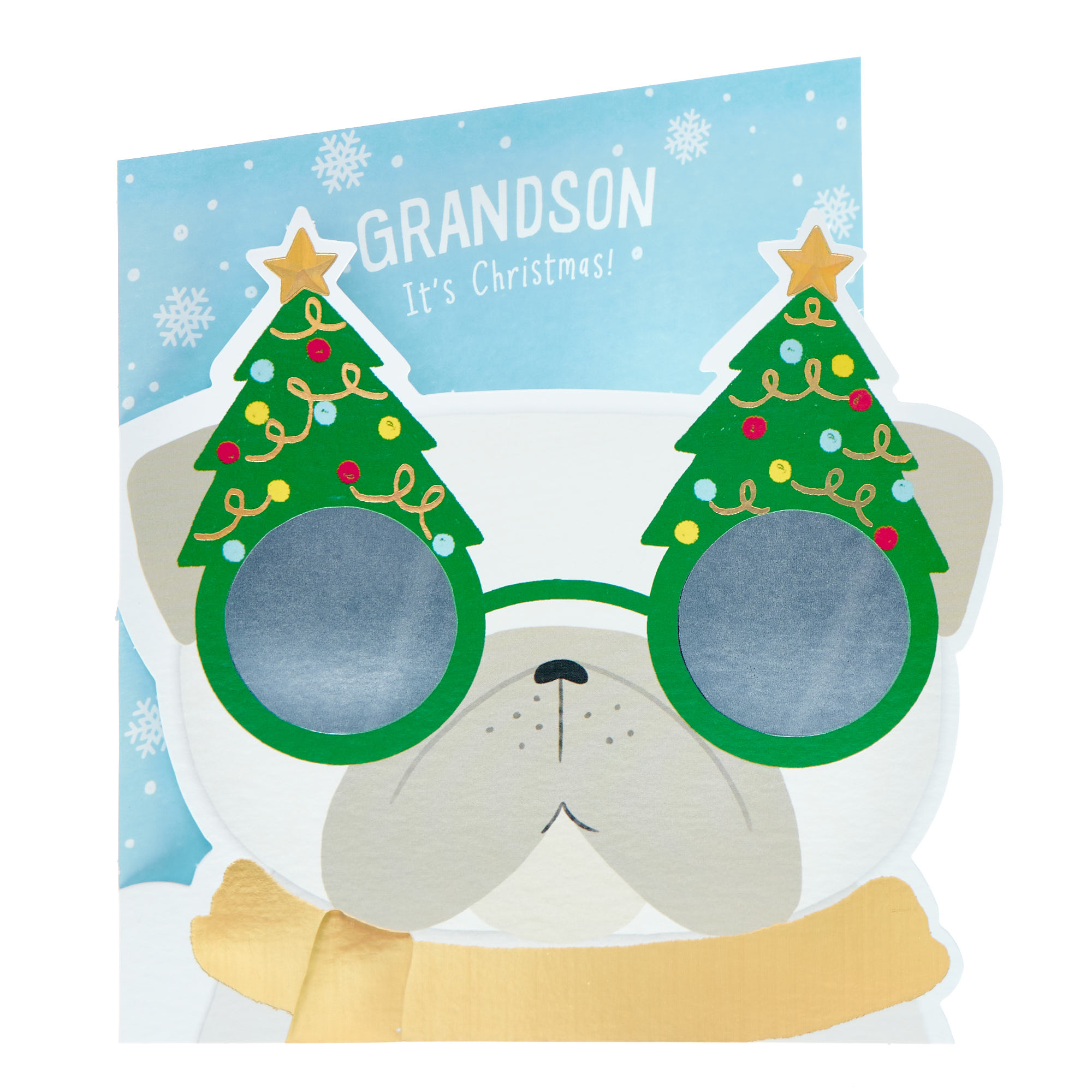 Grandson Cute Pug With Glasses Christmas Card