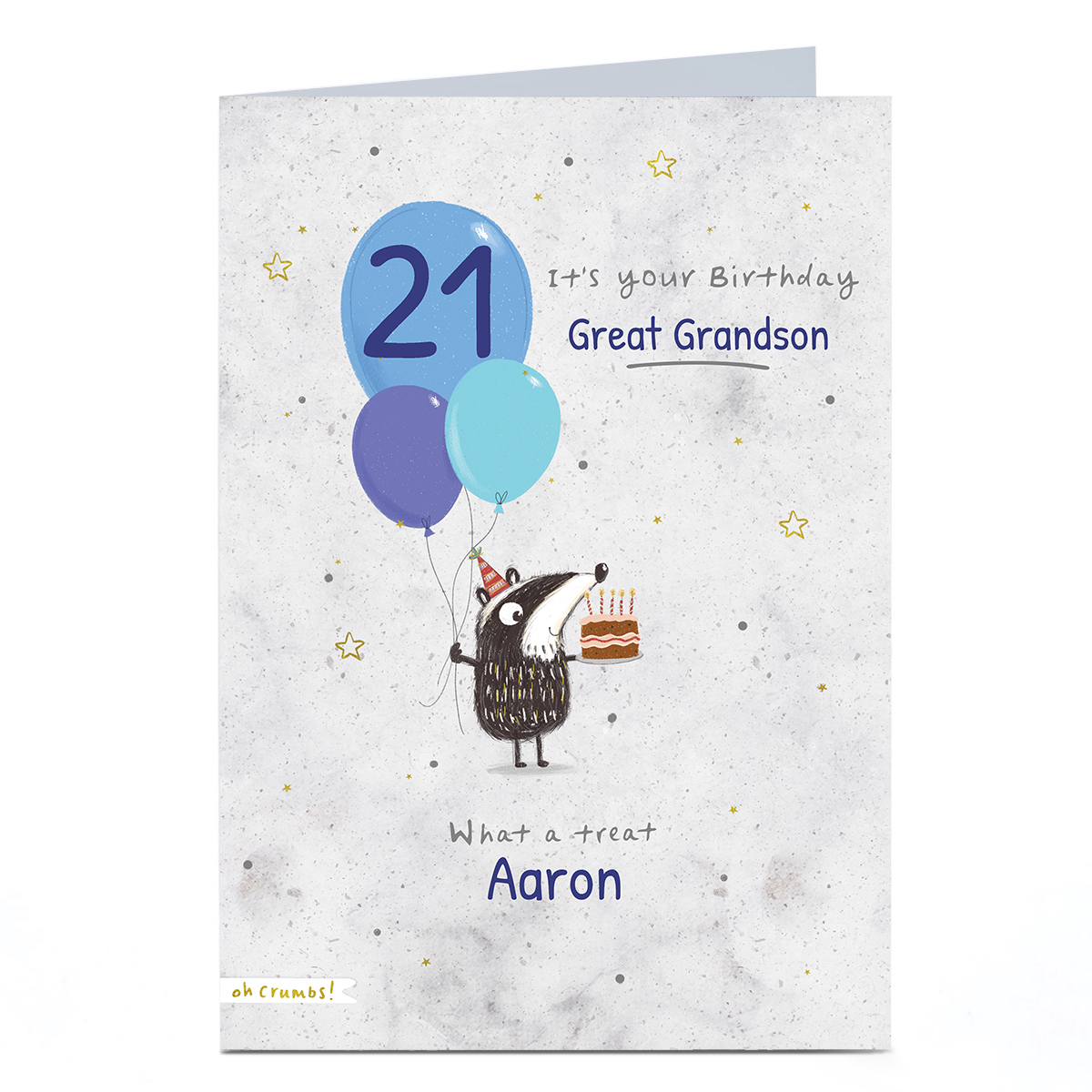 Personalised Birthday Card - Badger, Great Grandson, Editable Age