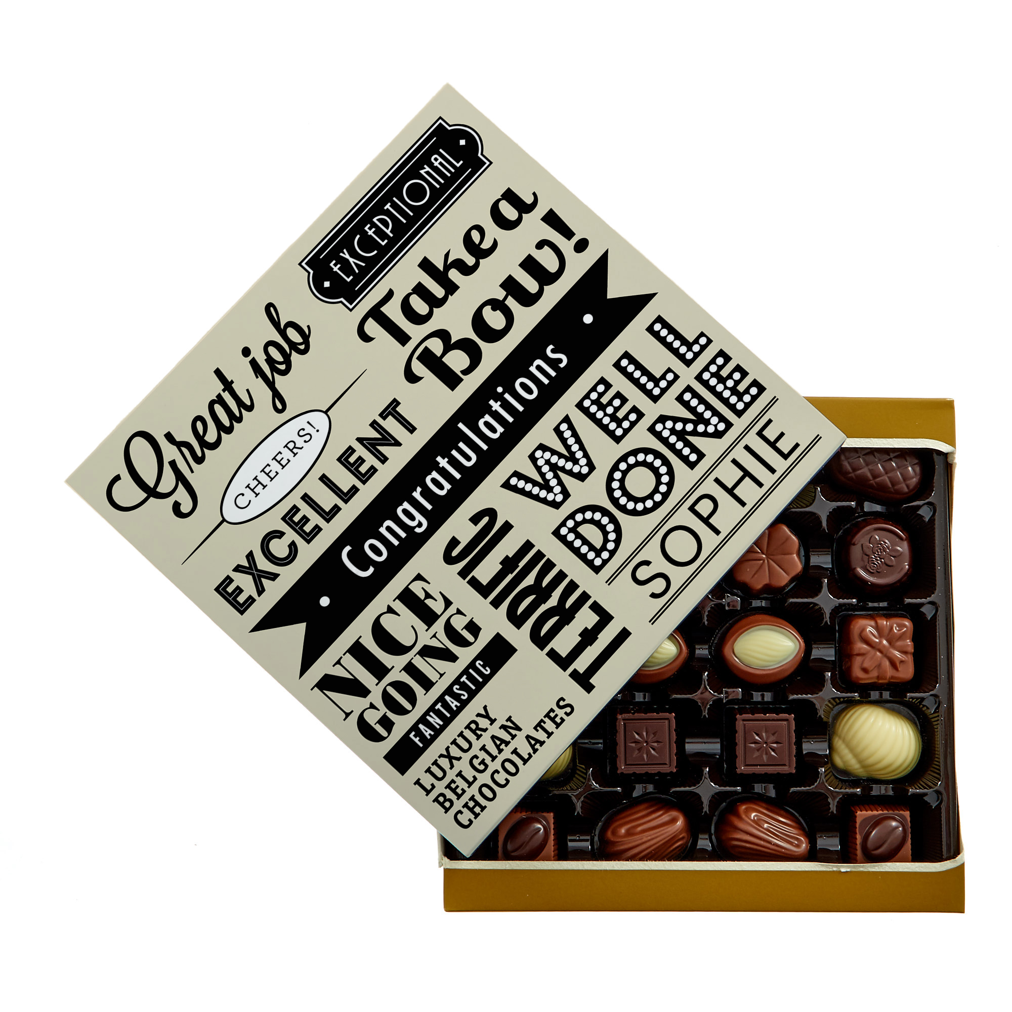 Personalised Belgian Chocolates - Congratulations, Black & Gold