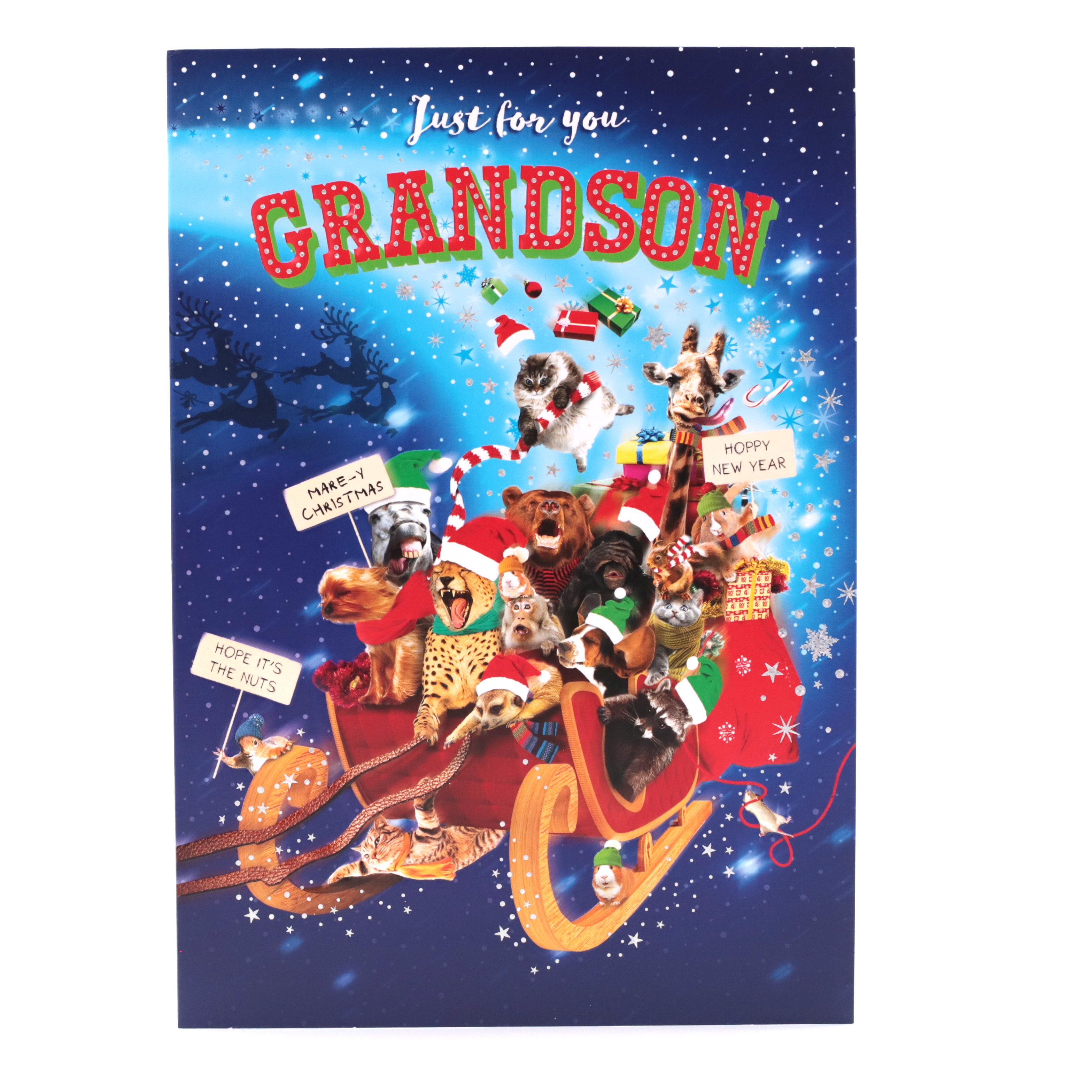 Christmas Card - Grandson, Having A Giraffe
