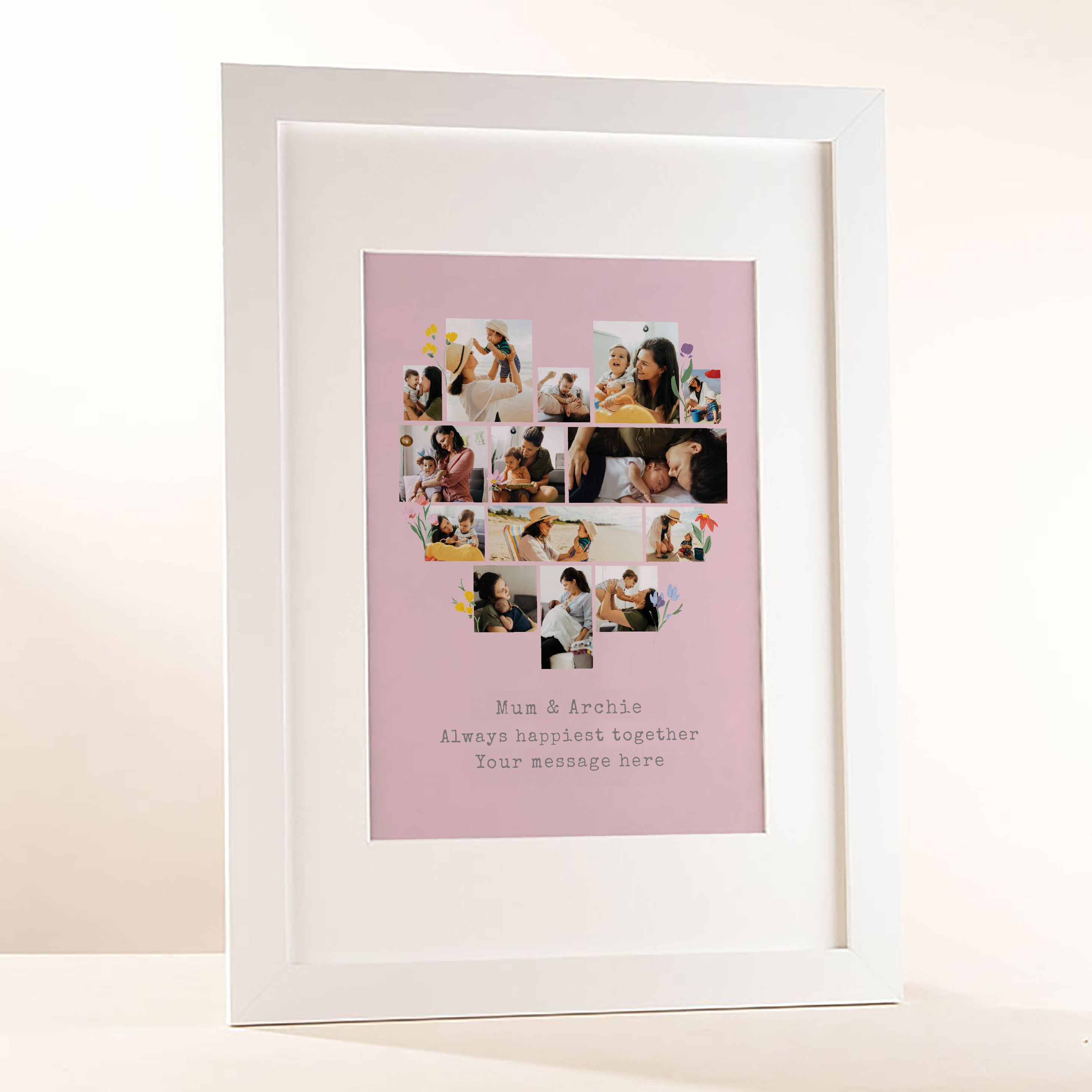 Multi Photo Framed Heart Print -  Pink with Flowers