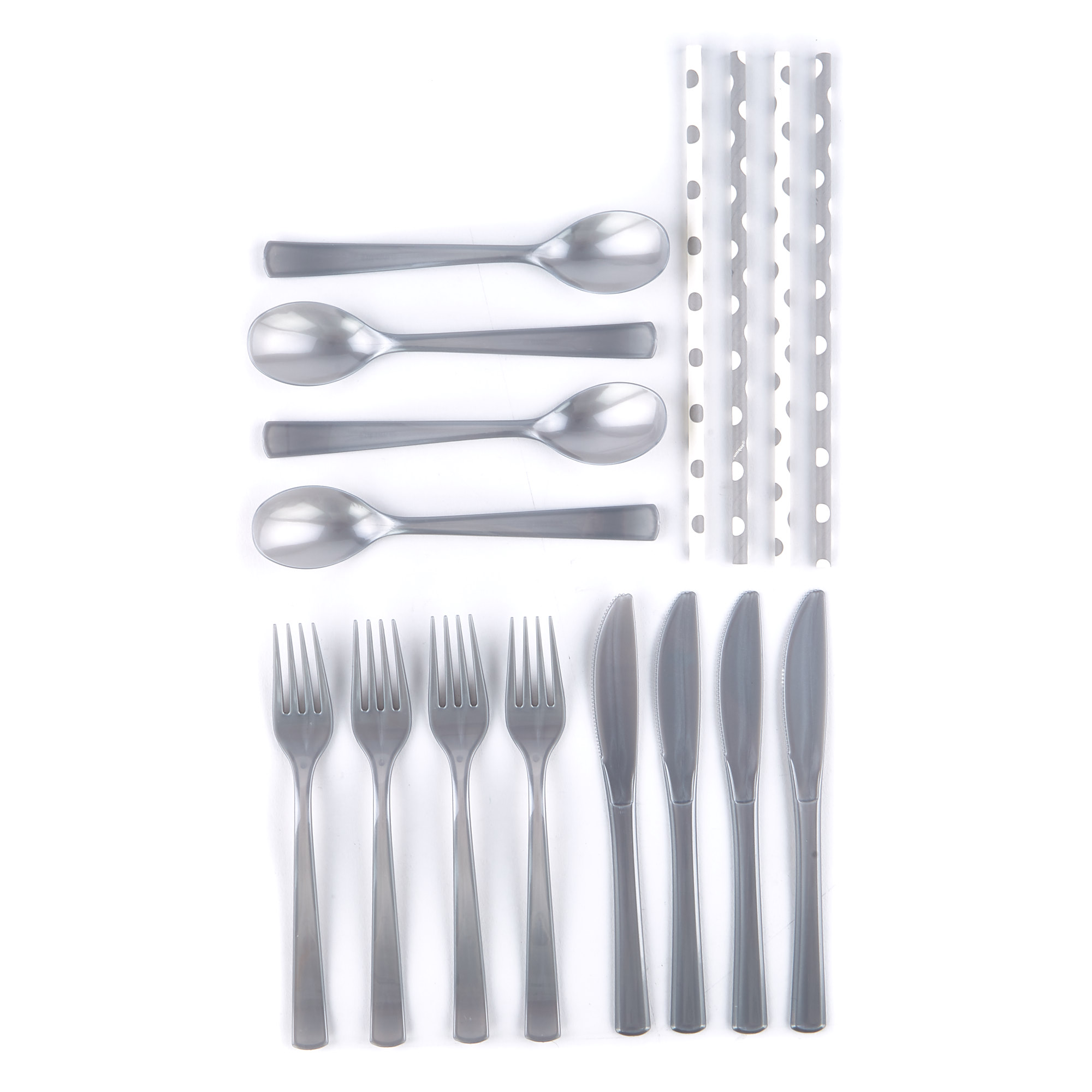 Silver Cutlery & Paper Straws Party Kit - 74 Pieces 