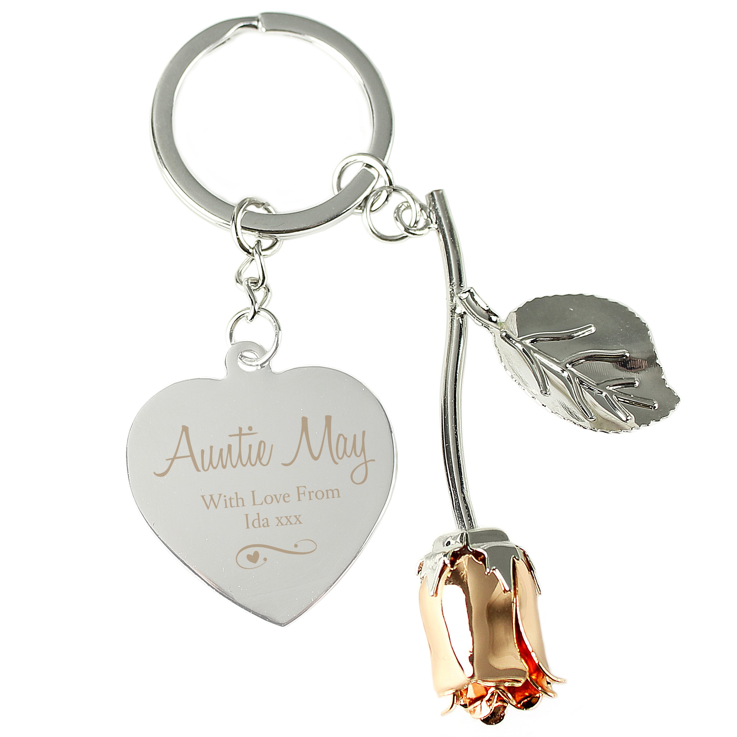 Personalised Silver Plated Rose & Heart Keyring