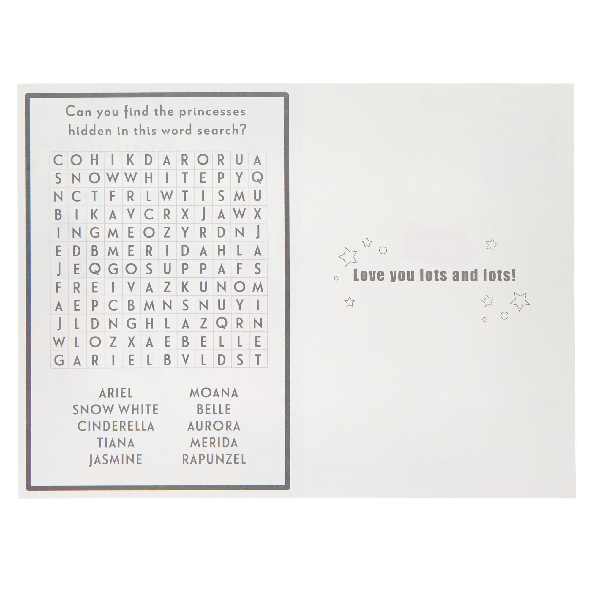 Granddaughter Disney Princess Christmas Card With Wordsearch