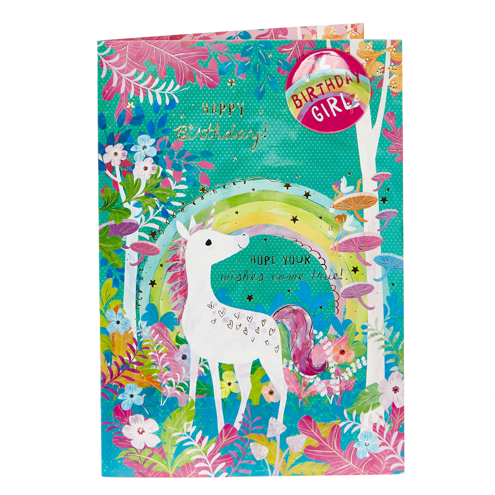 Birthday Card - Birthday Girl Unicorn (With Badge)