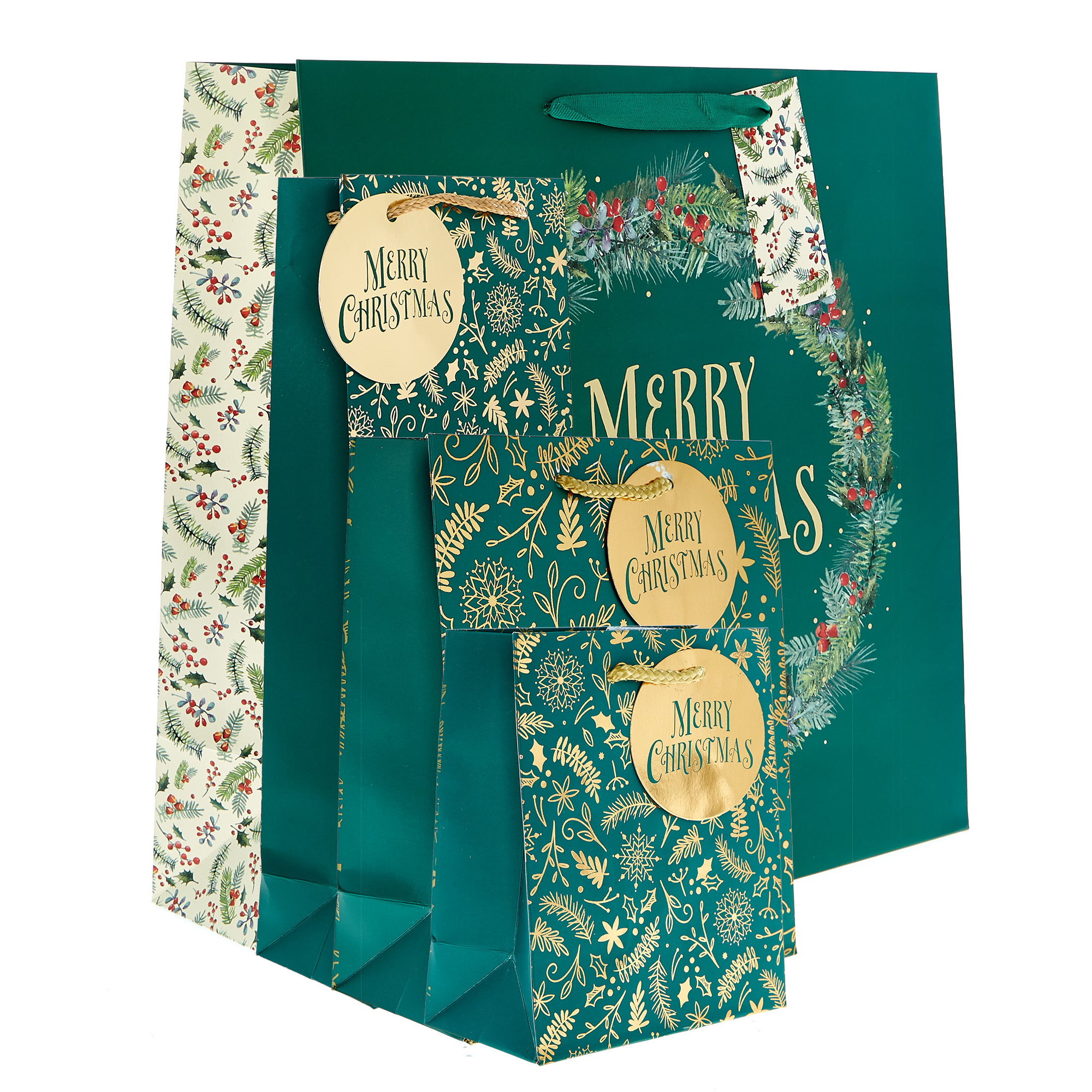 Green & Gold Christmas Gift Bag Bundle - Pack of 8