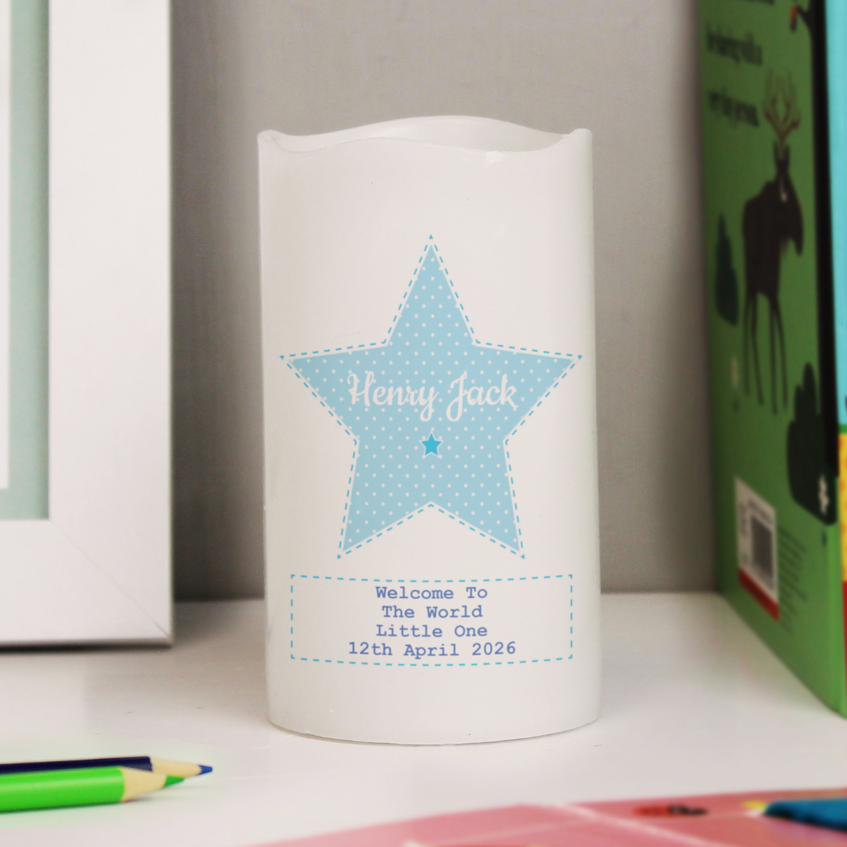 Personalised Stitch & Dot Baby Boy Nightlight LED Candle