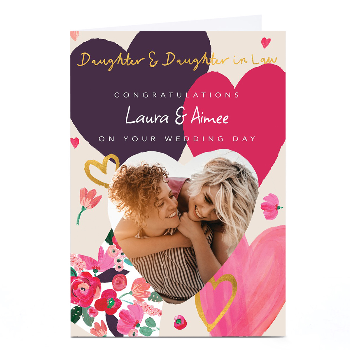 Photo Wedding Card - Hearts and Flowers, Daughter & Daughter in Law