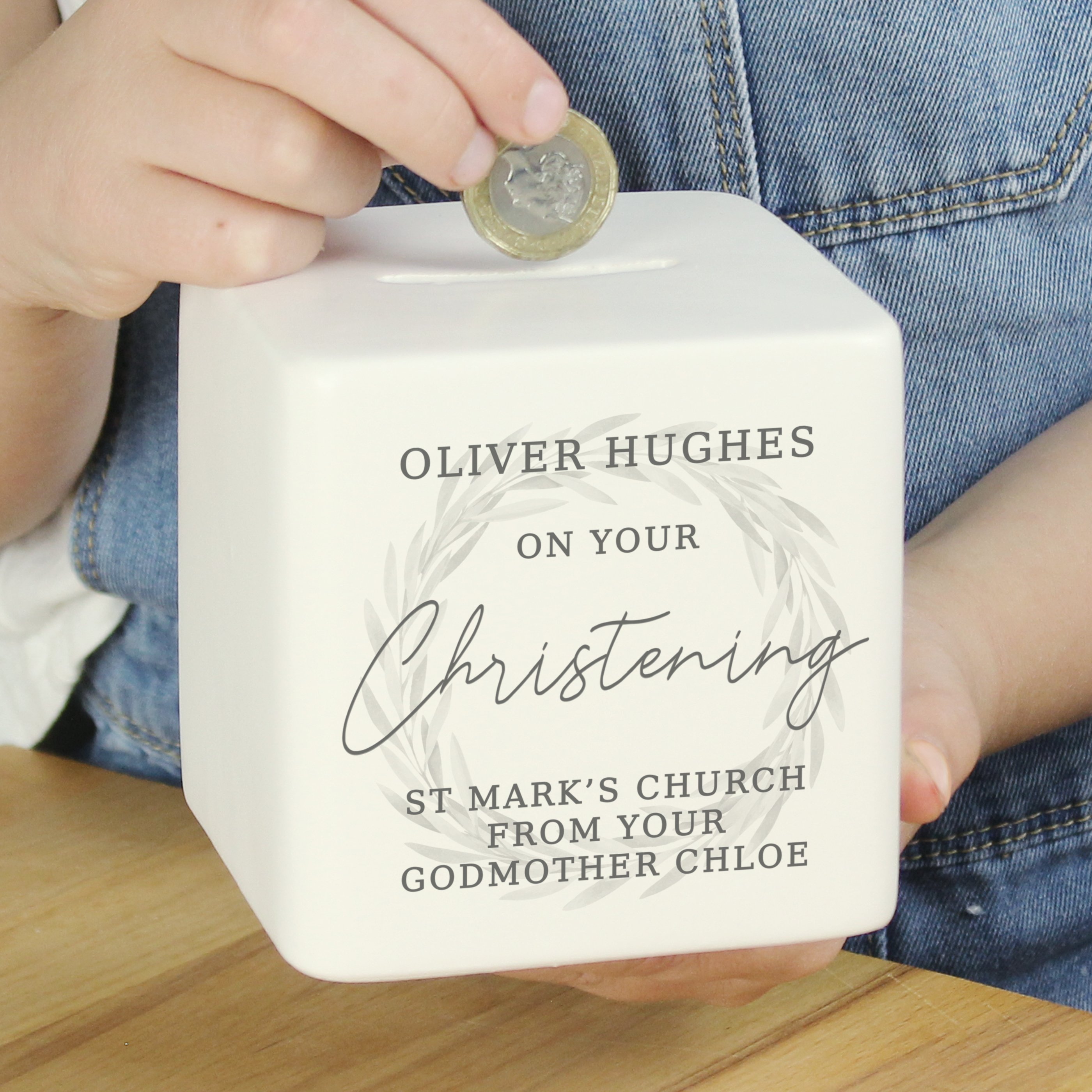 Personalised Christening Ceramic Square Money Box