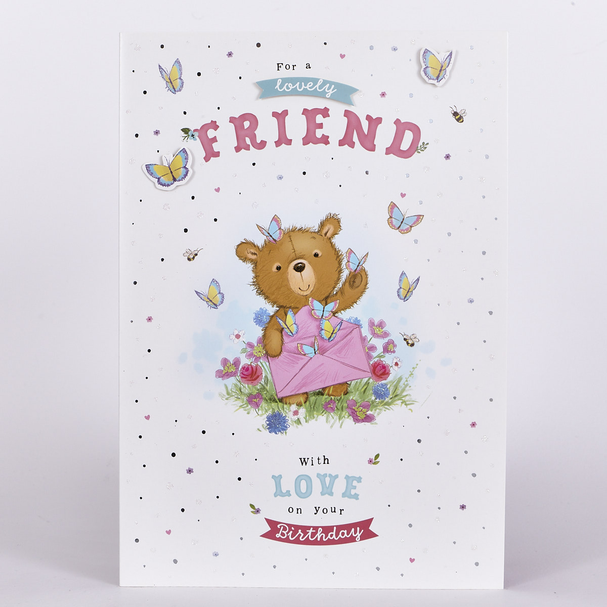 Birthday Card - Friend, Bear & Butterflies