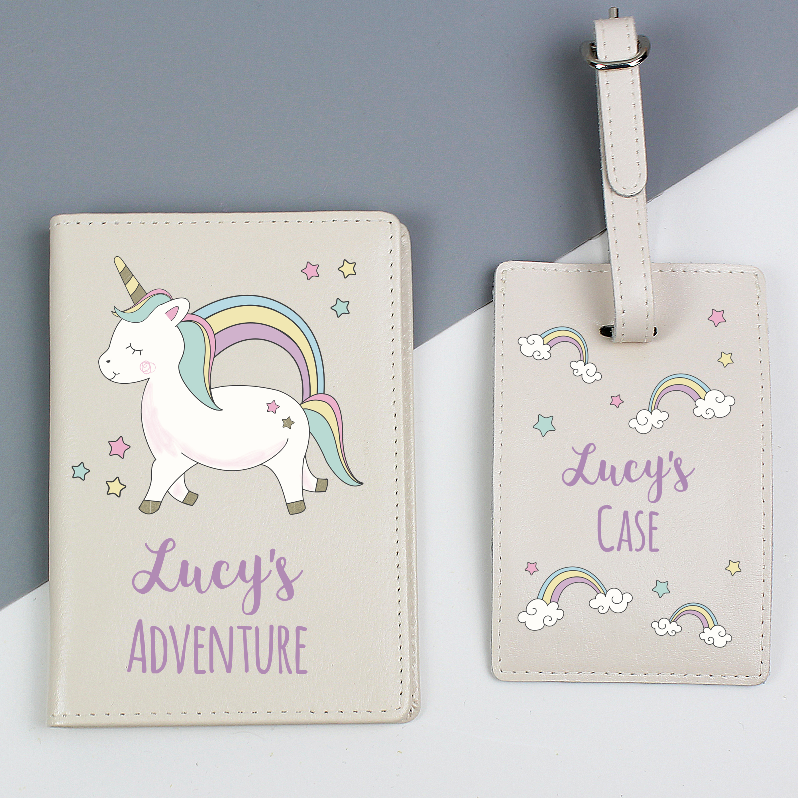 Personalised Baby Unicorn Passport Holder & Luggage Tag Set
