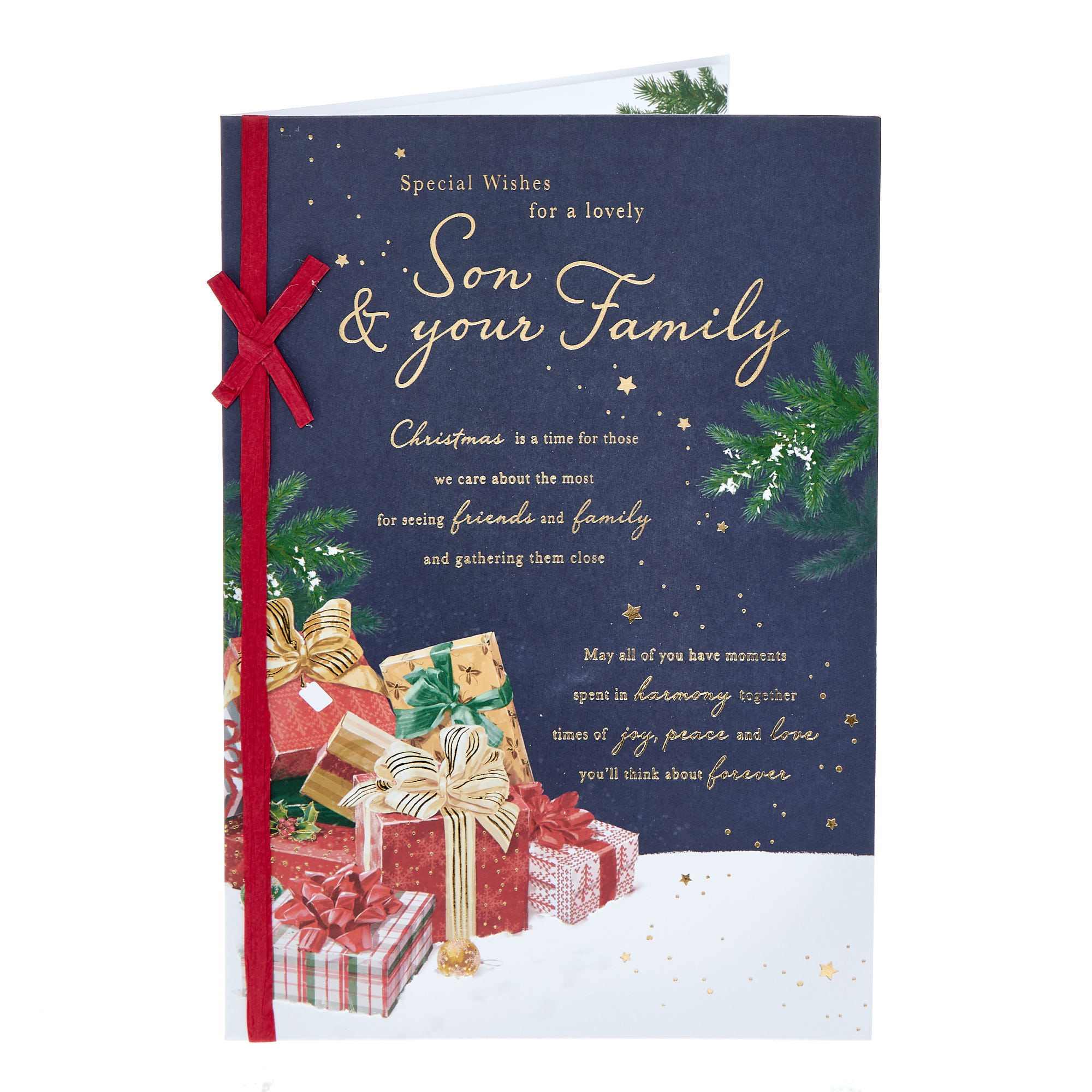Son & Family Pile of Gifts Christmas Card