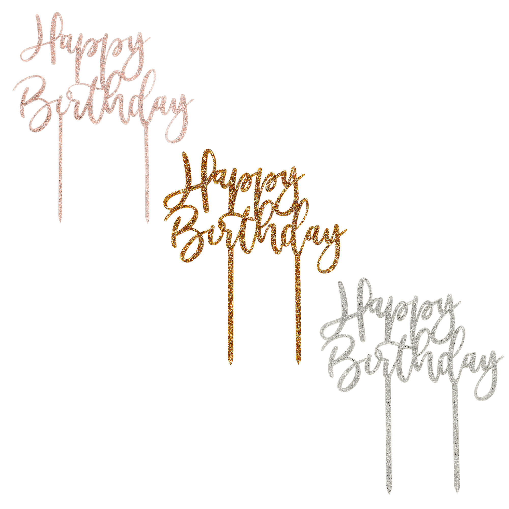 Metallic Happy Birthday Script Glitter Acrylic Cake Topper (3 Colour Options)