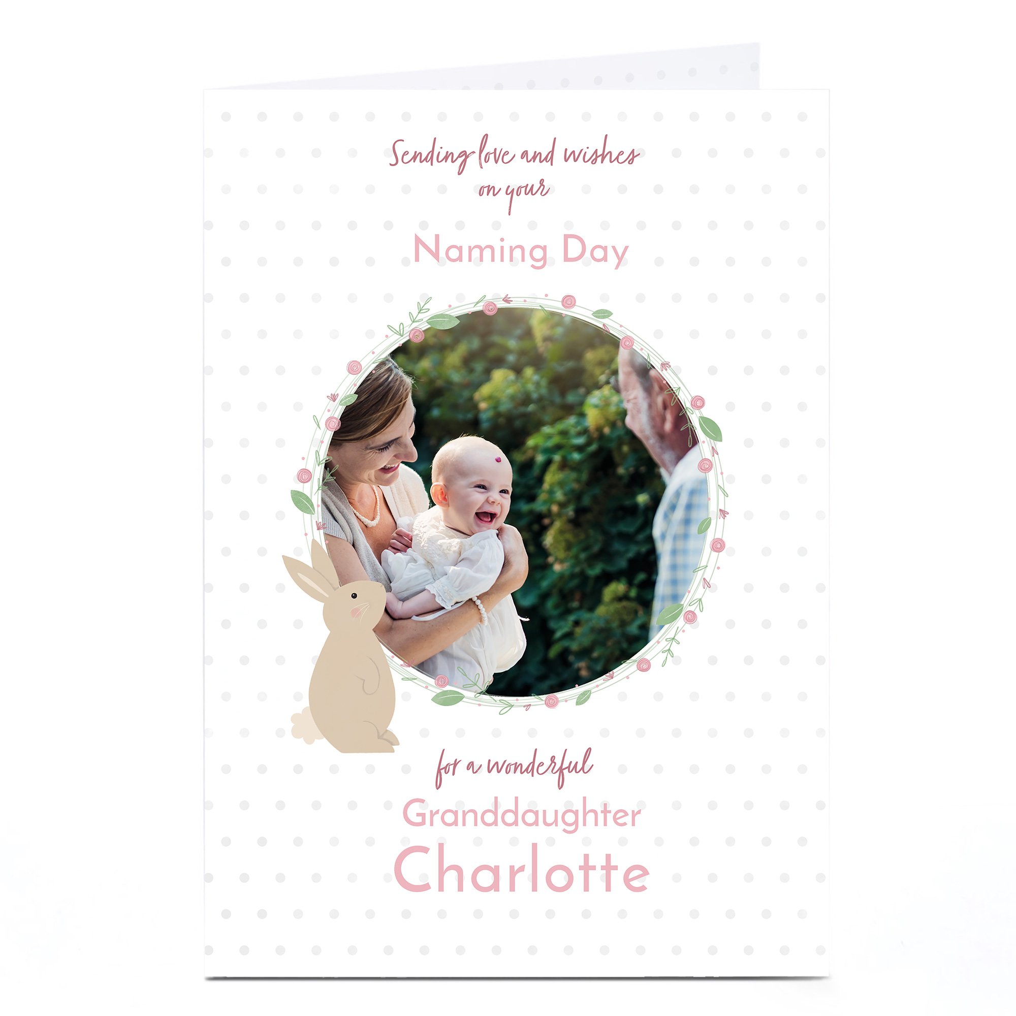 Photo Baby Card - Love & Wishes With Rabbit, Pink Granddaughter