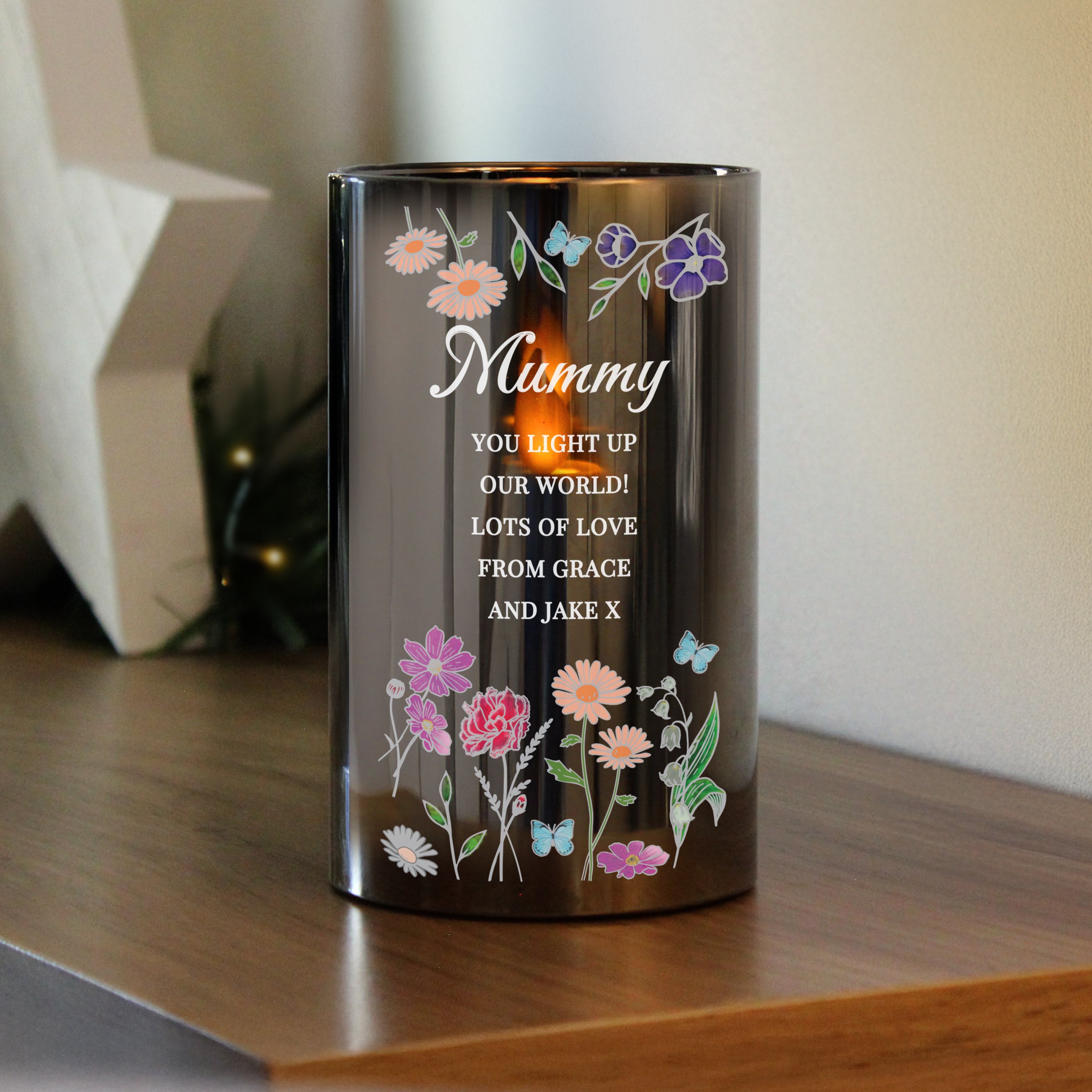 Personalised Wild Flowers Smoked Glass LED Candle