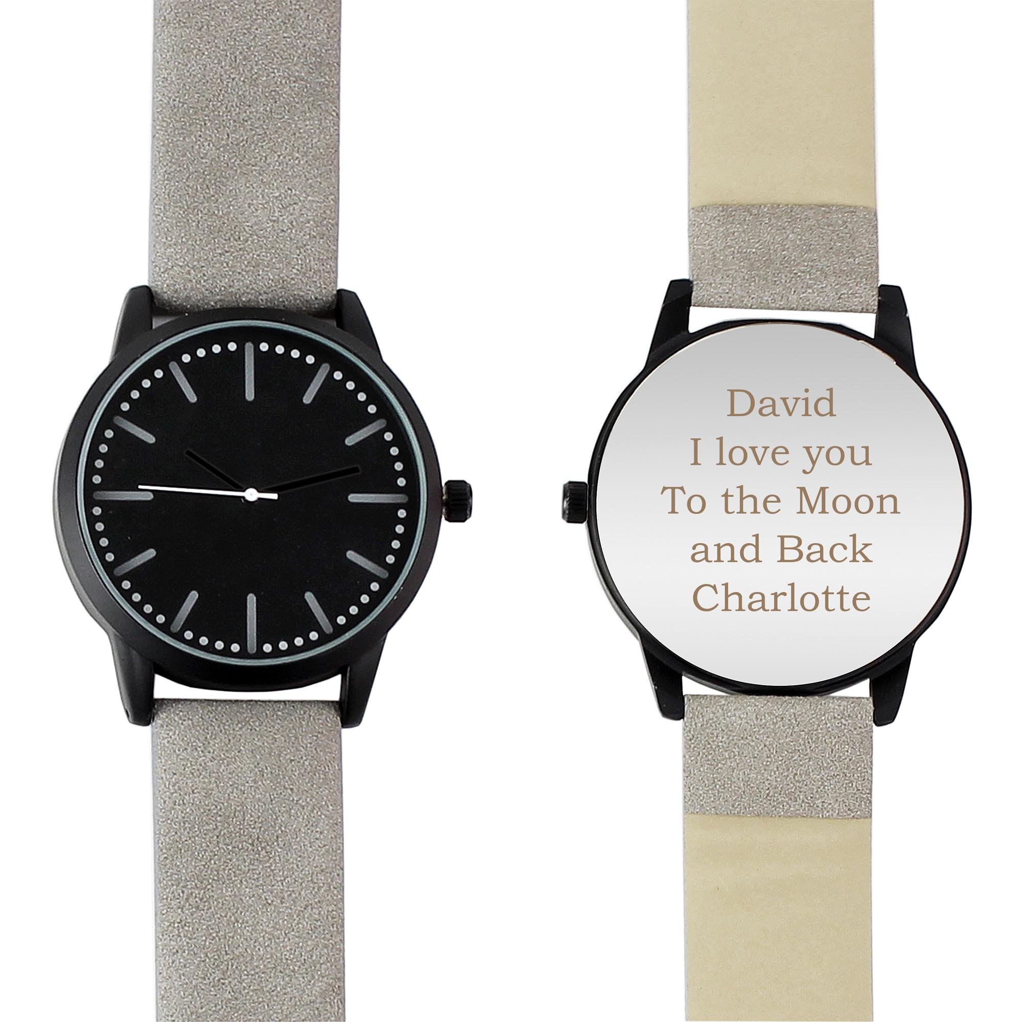 Personalised Men's Matte Black Watch with Grey Strap & Presentation Box