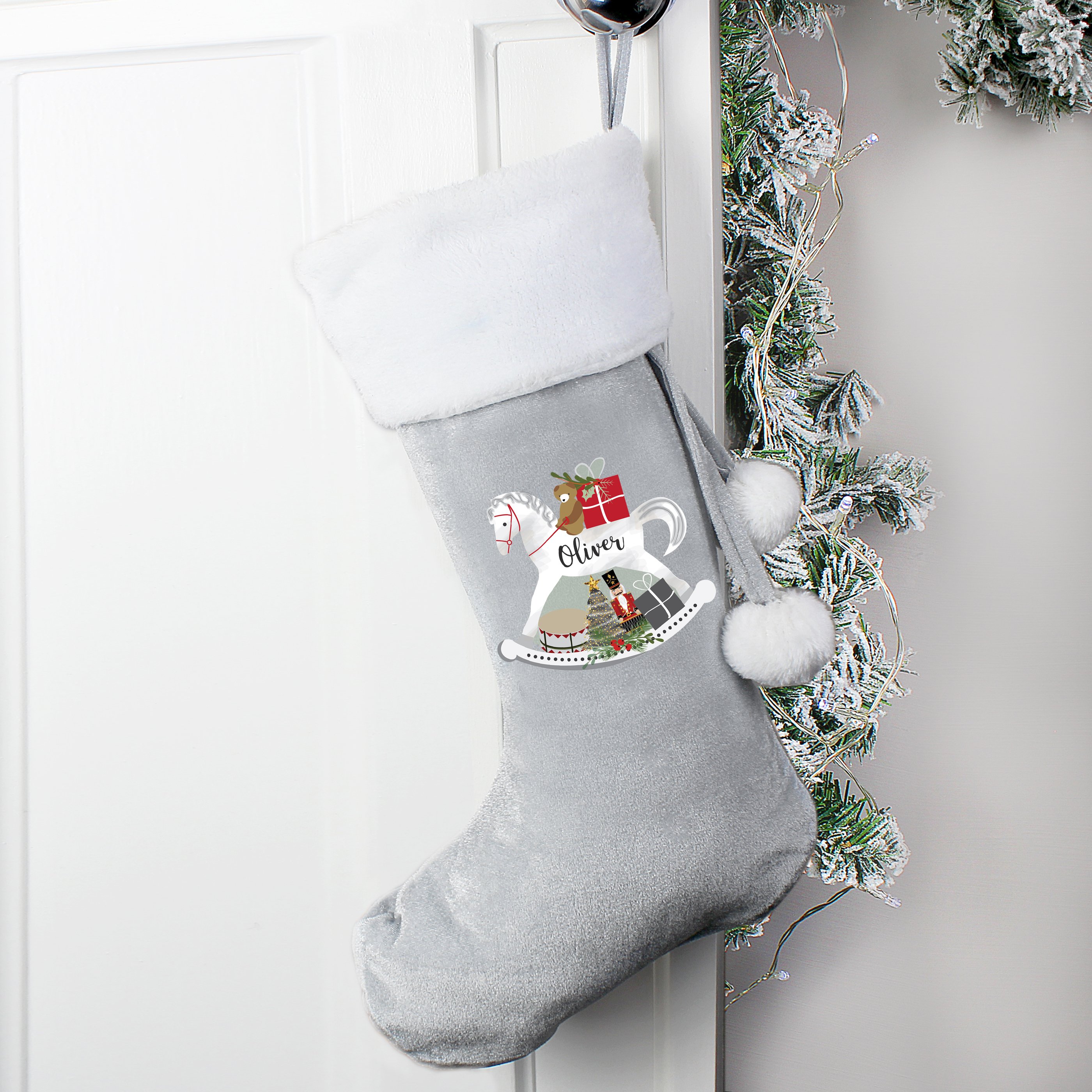 Personalised Rocking Horse Luxury Silver Christmas Stocking