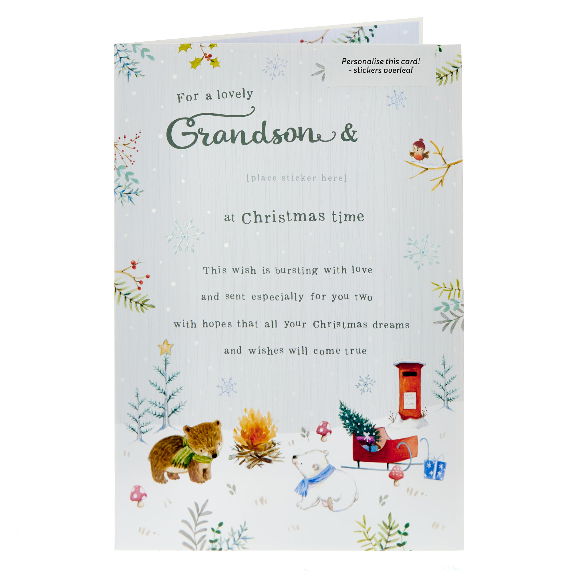 Grandson & Partner Verse & Animals Christmas Card (With Stickers)
