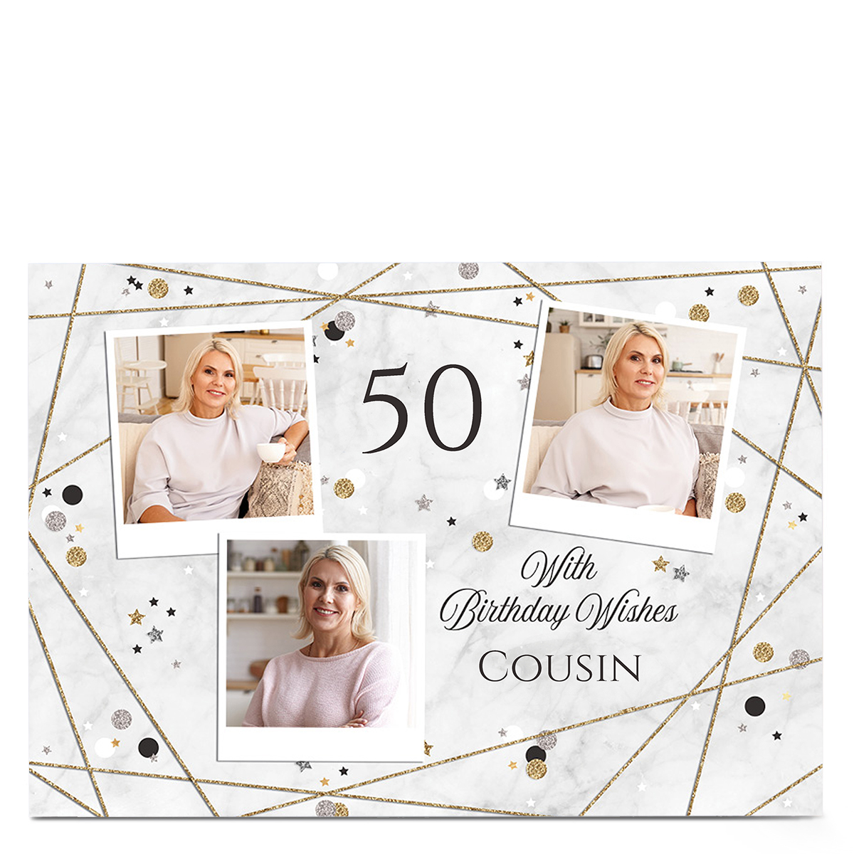 Photo 50th Birthday Card - Polaroid Sparkles, Cousin, Editable Age