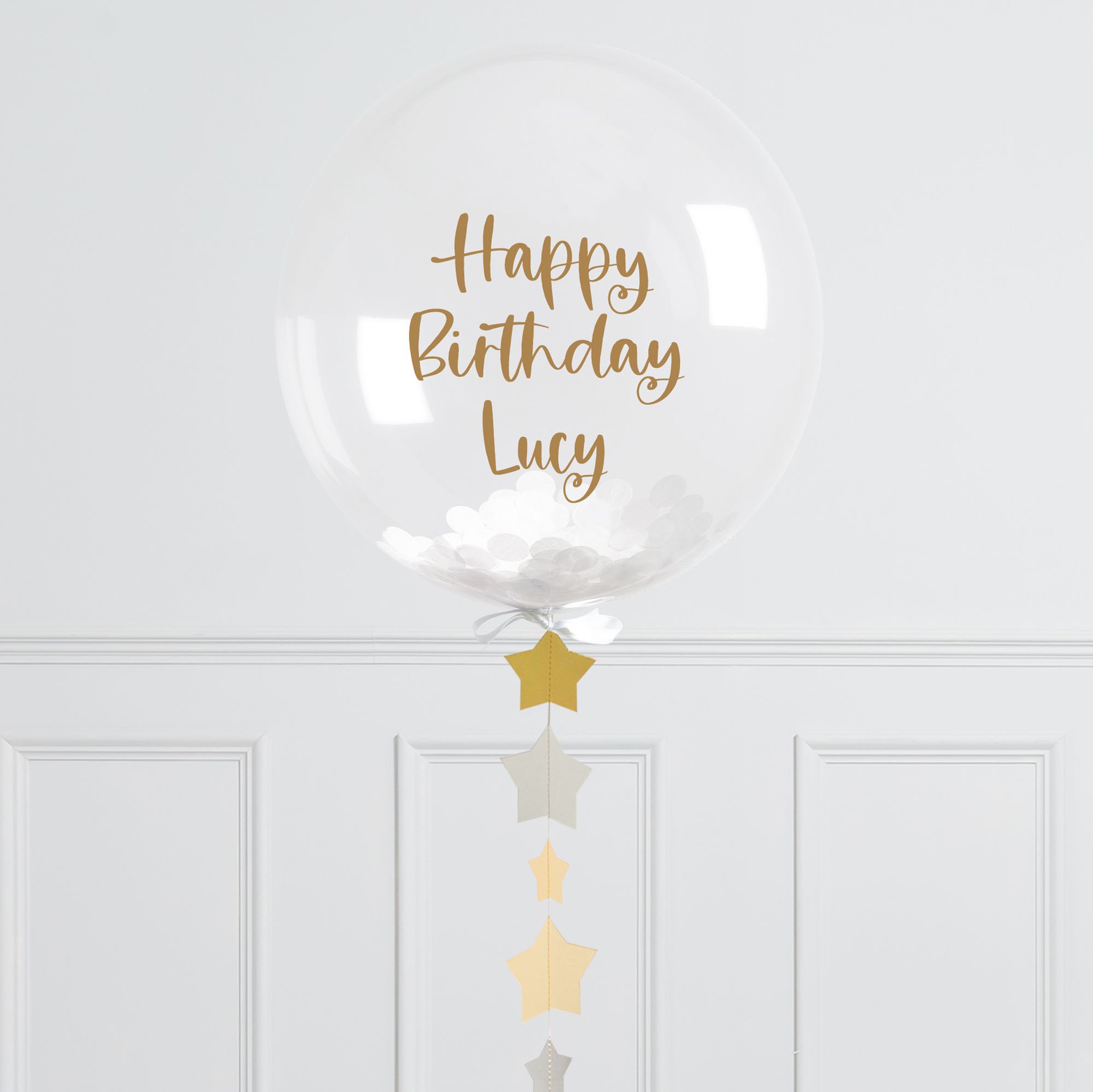 Personalised 20-Inch Gold & Silver Star Confetti Bubblegum Balloon - DELIVERED INFLATED!