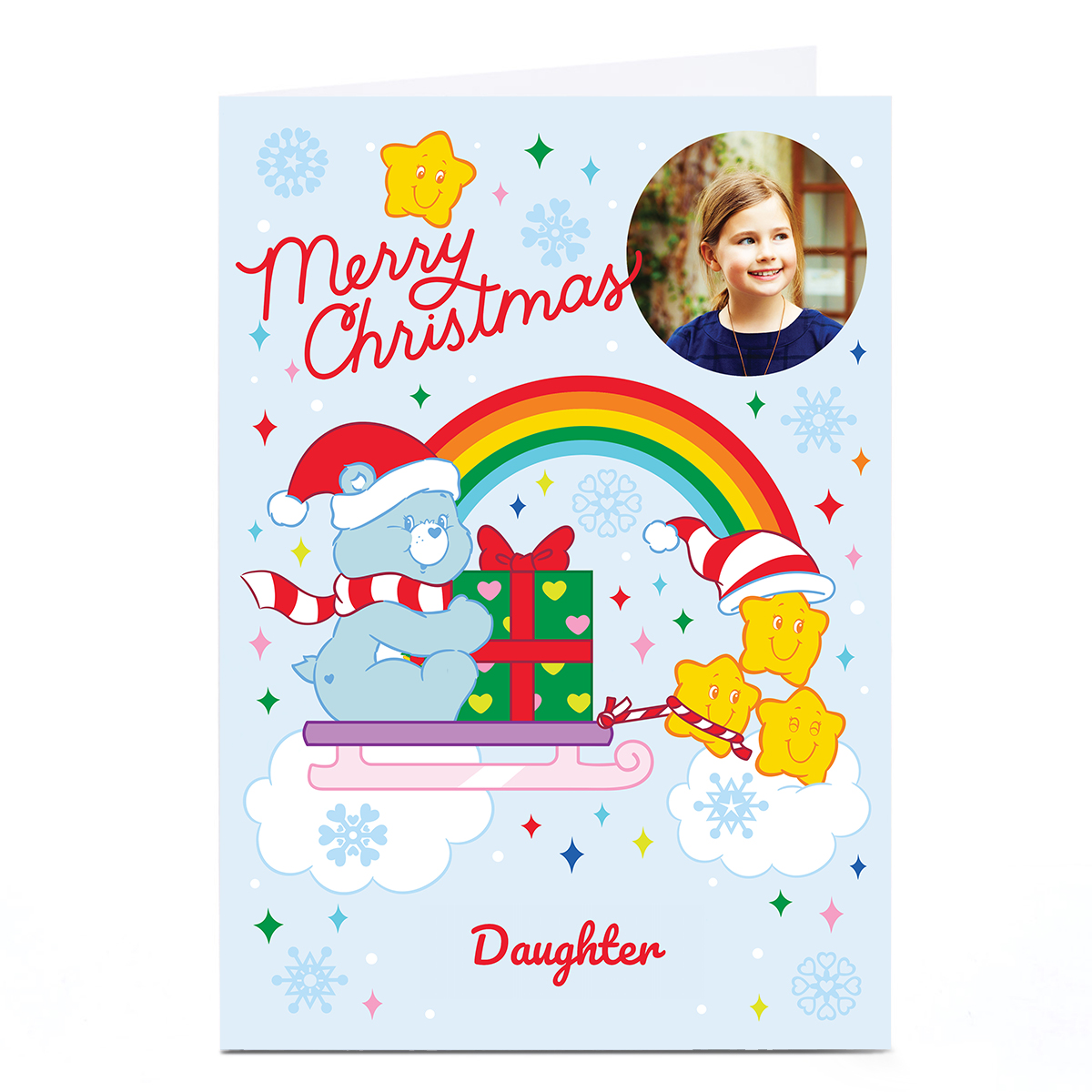 Photo Care Bears Christmas Card - Rainbow Sleigh, Any Name