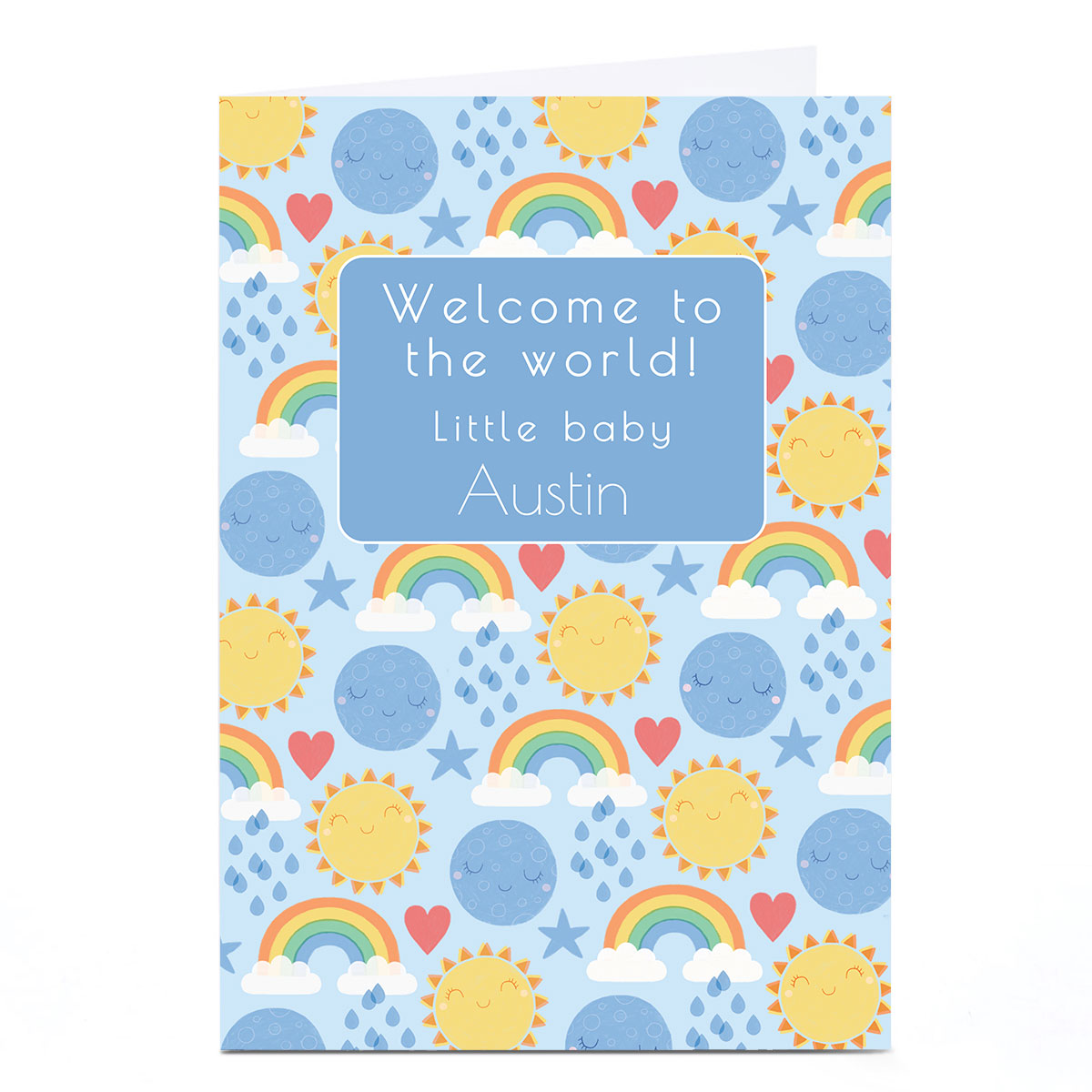 Personalised Hannah Steele New Baby Card - Rainbows, Blue
