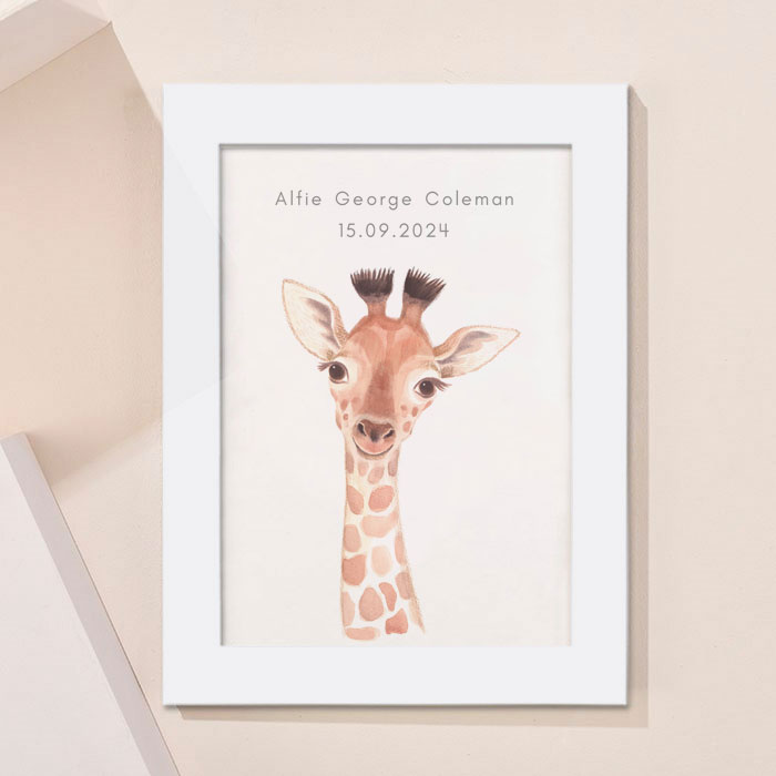 Personalised New Born Giraffe Framed Print