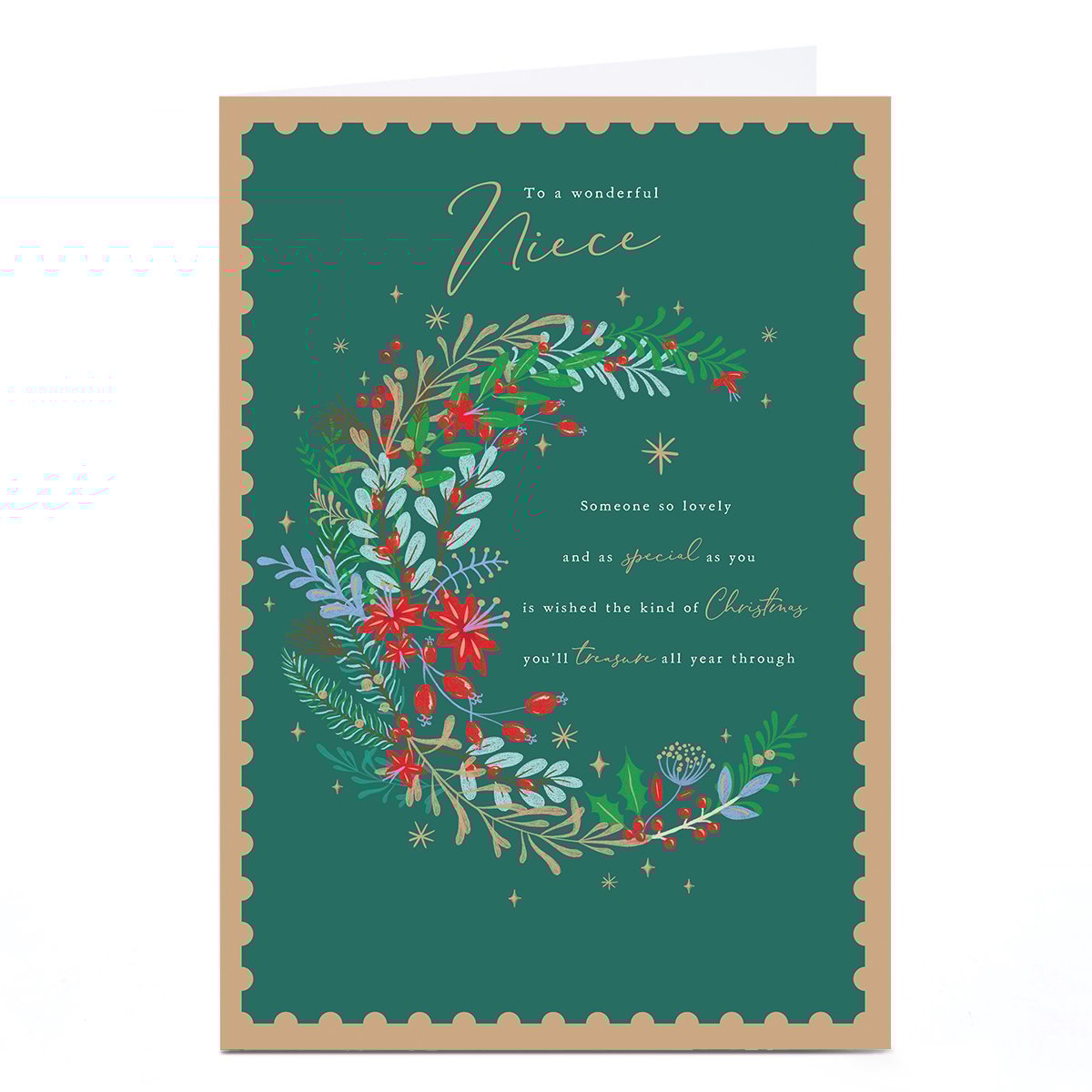 Personalised Christmas Card - Green with Circle of Flowers, Niece