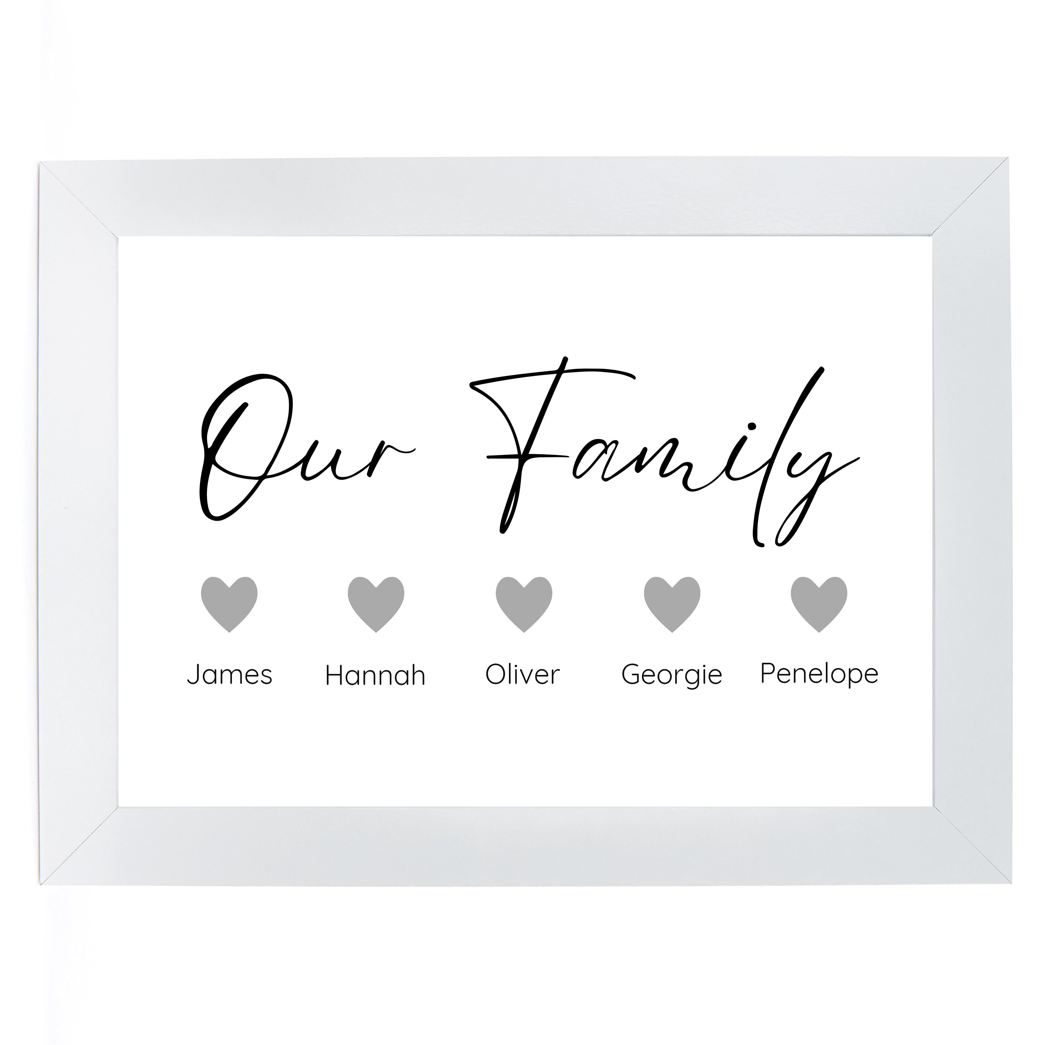 Personalised Our Family Print - Family of 5 Hearts