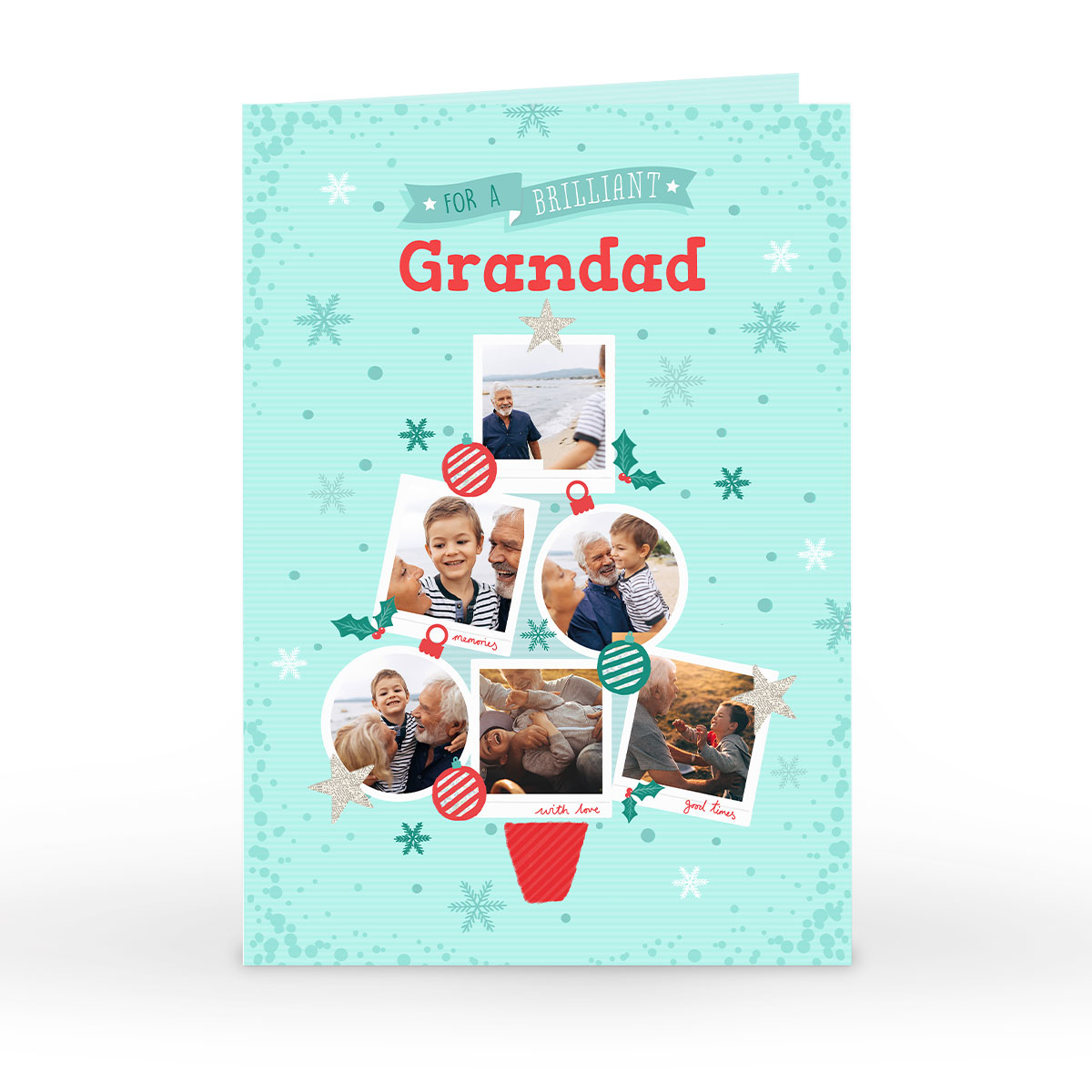 Photo Christmas Card - Blue & Red Christmas Tree 6 Photos, Grandad