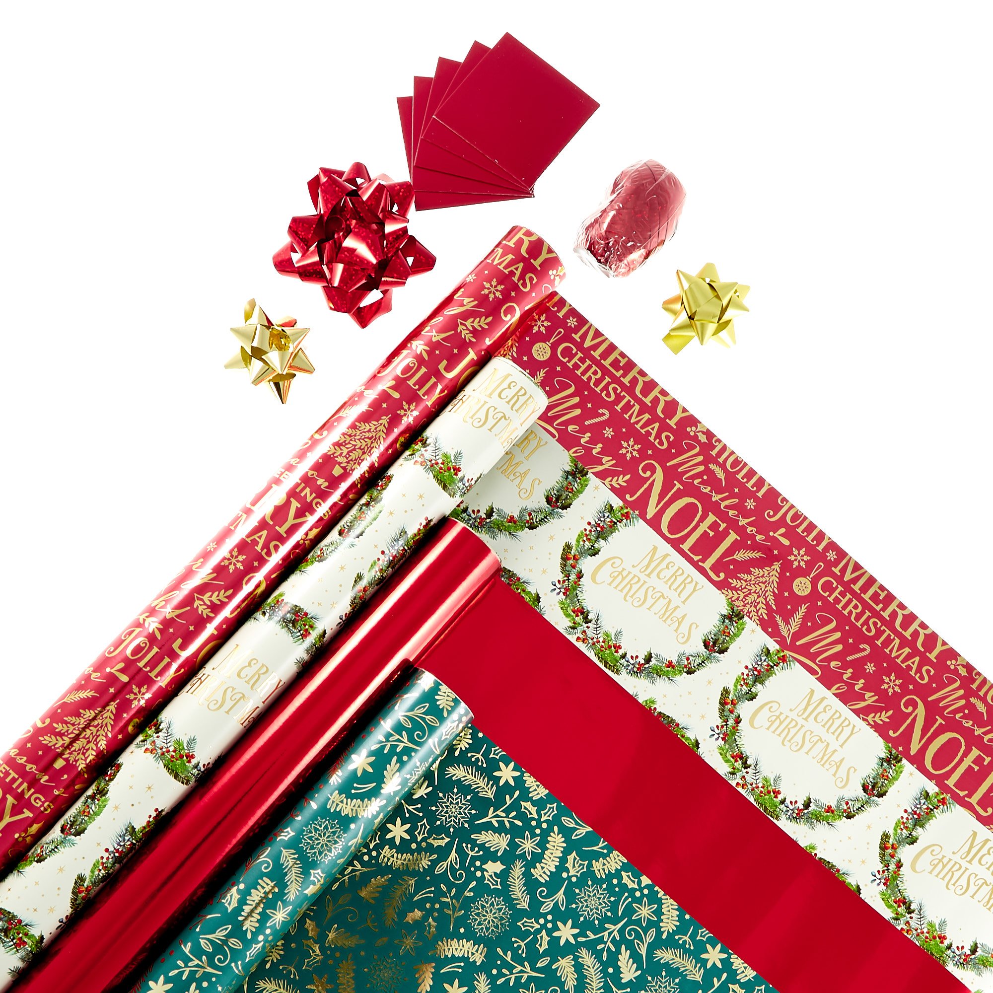 Traditional Christmas Wrapping Paper Pack - 4 Rolls & Accessories 