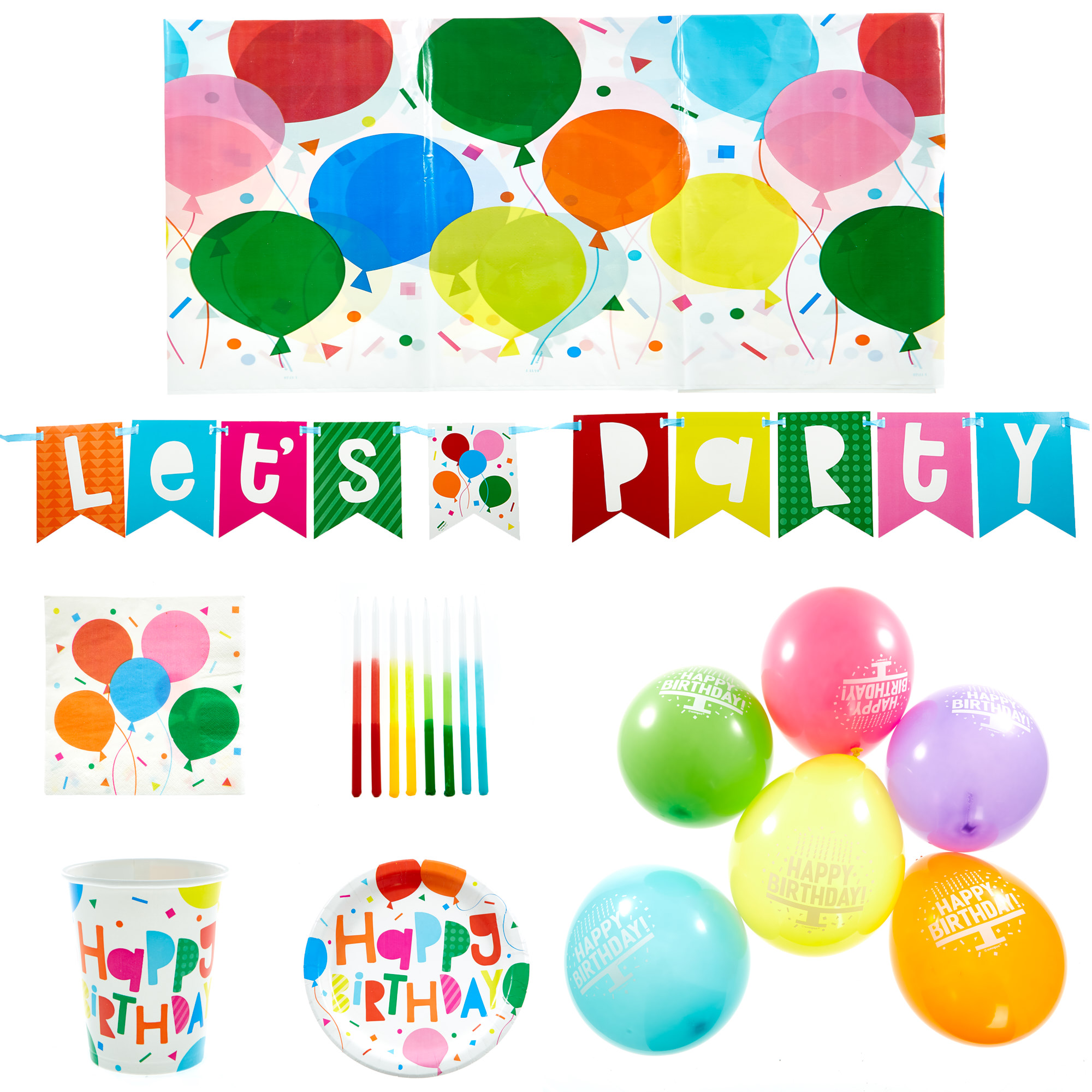 Colourful Birthday Balloons Party Tableware & Decorations Bundle - 8 Guests