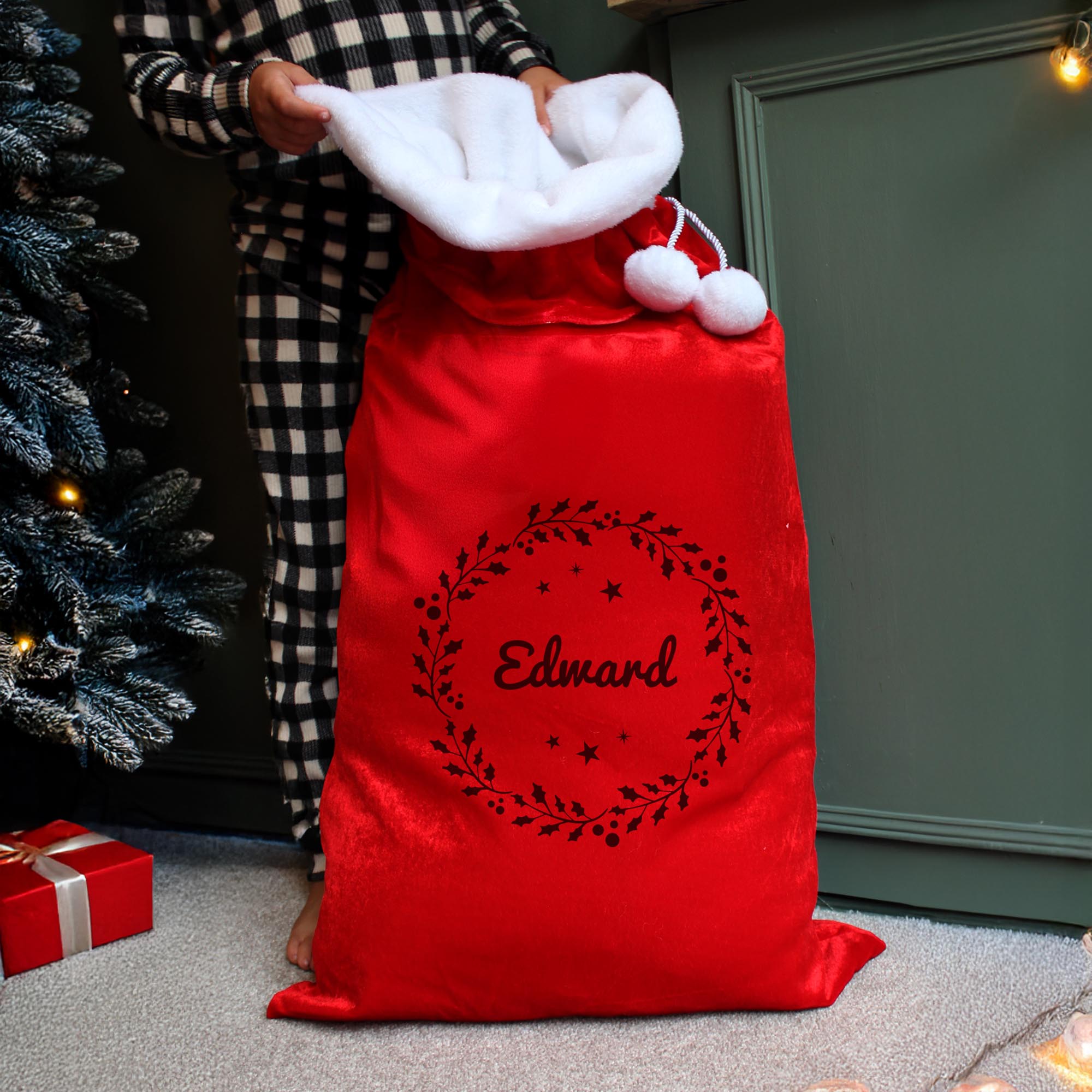 Personalised Holly Red Christmas Sack