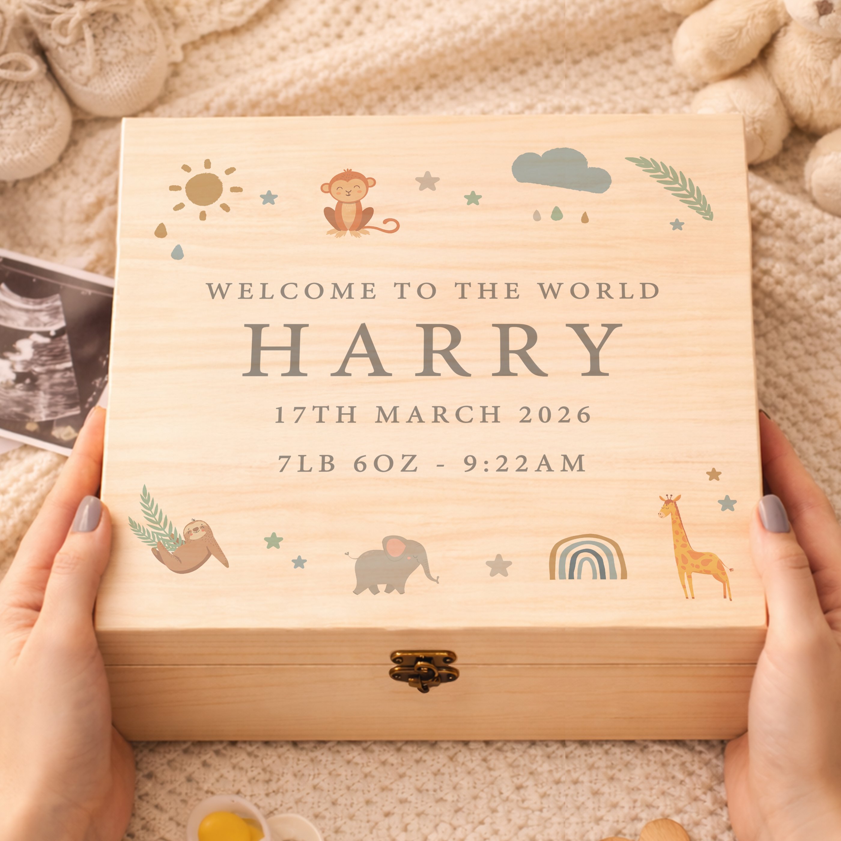 Personalised Safari Animals Large Wooden Keepsake Box