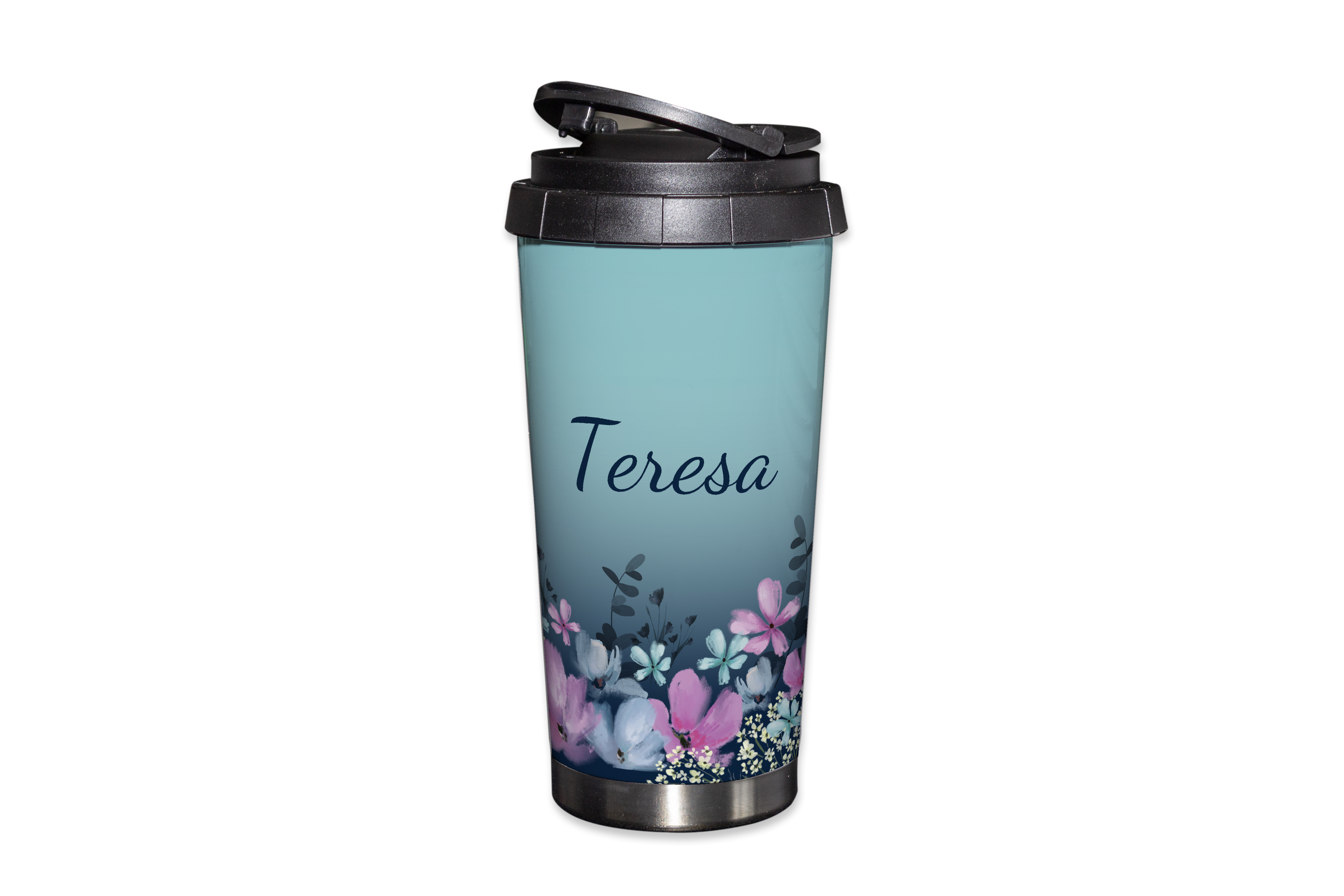 Personalised 16oz Stainless Steel Travel Mug - Floral, Any Name