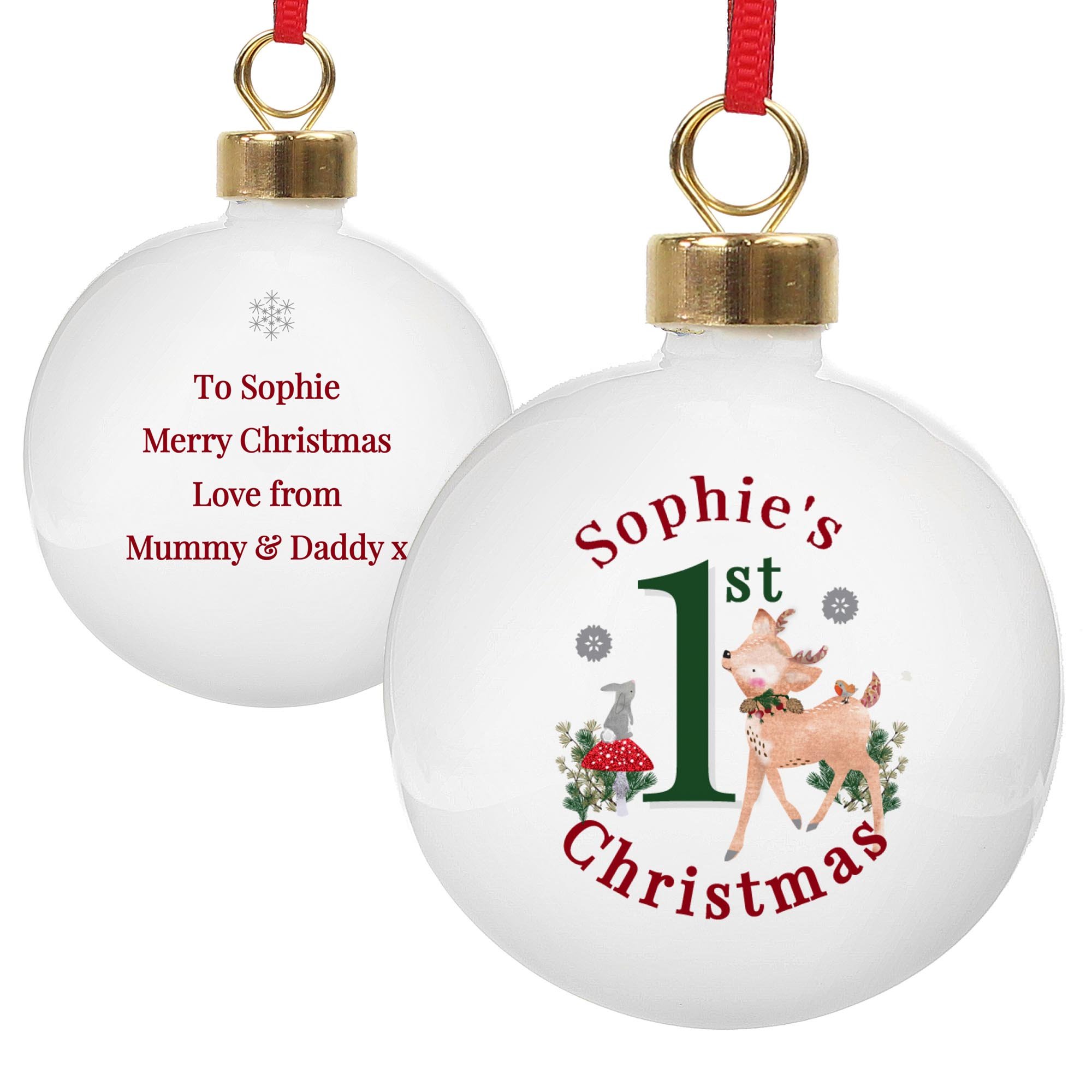 Personalised 1st Christmas Festive Fawn Bauble,  Personalised 1st Christmas Festive Fawn Bauble