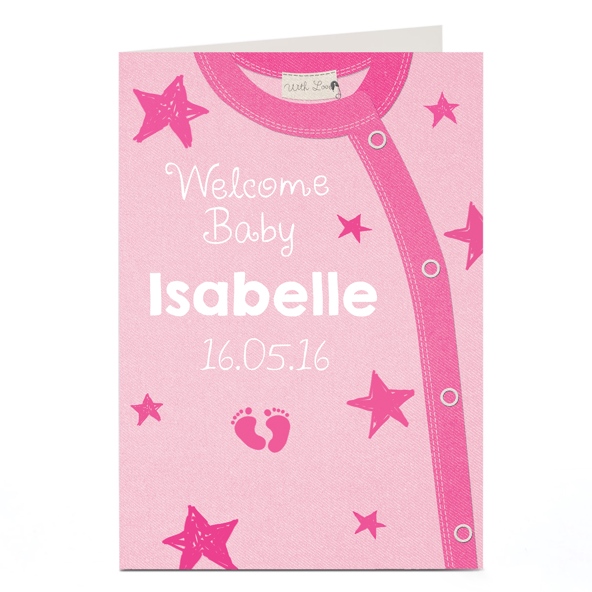 Personalised New Baby Card - Baby Grow, Pink Stars